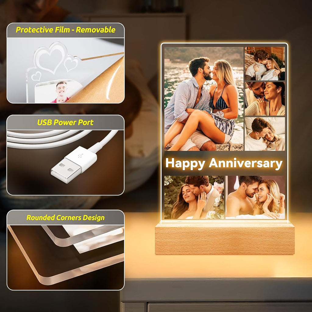 Custom Picture Frames with Photo, Customized Picture Frame with Night Light, Personalized Photo Frame, Personalized Anniversary Birthday Valentines Day Gifts for Women Men Her Him Couple