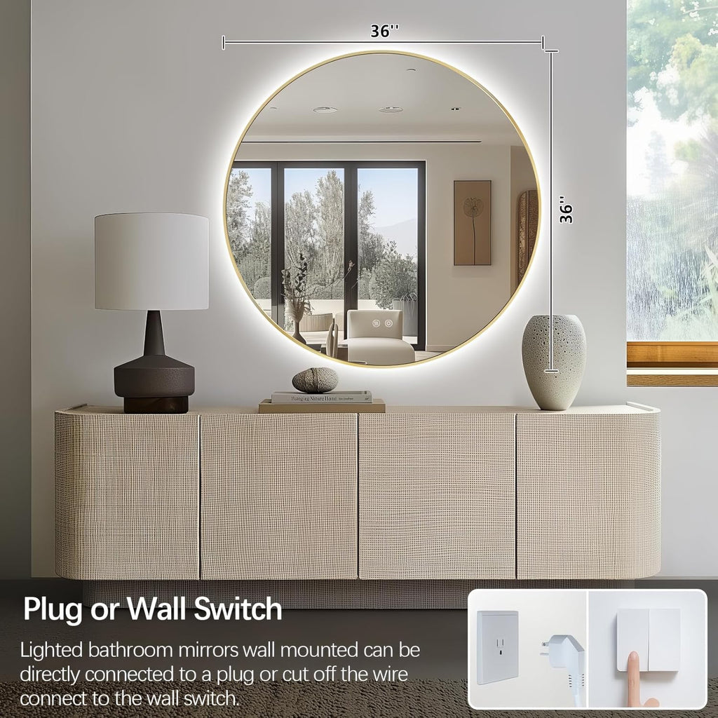 Niccy Round Led Mirror for Bathroom, 36" Backlit Mirrors for Wall Circle Lighted Mirror with Old Gold Frame Anti-Fog, 3 Colors, HD Glass and IP65 Waterproof