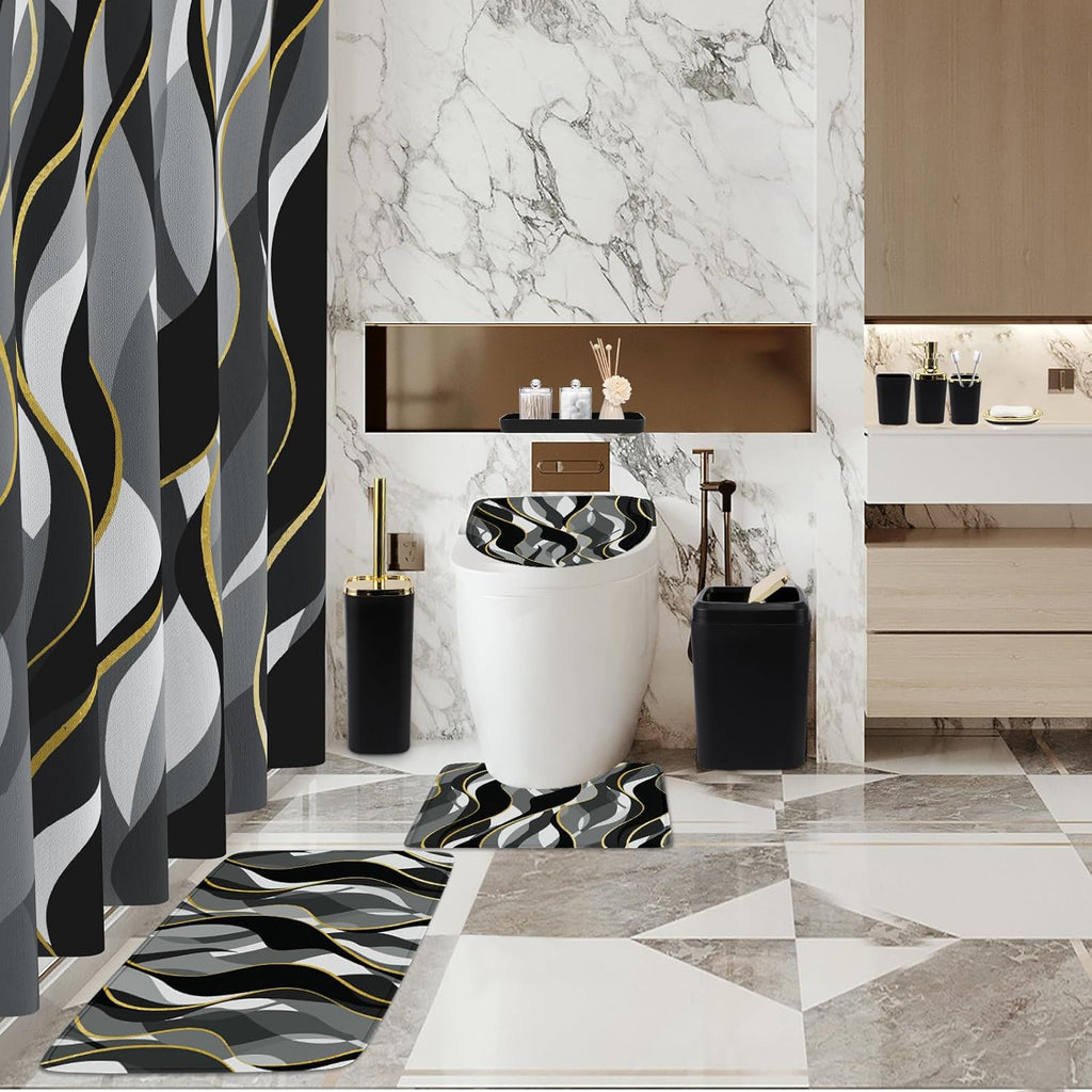 Bathroom Set - Black and Gold Bathroom Accessories, Bathroom Sets with Shower Curtain and Rugs, Black Shower Curtain Set with Bathroom Trash Can, Soap Dispenser, Soap Dish for Home Decor
