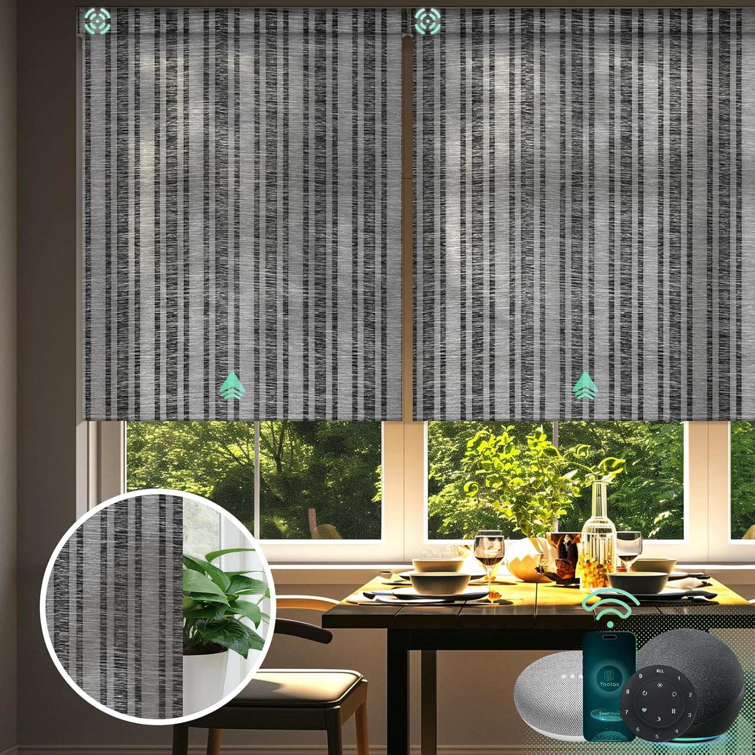 Yoolax Motorized Blinds with Remote, Light Filtering Smart Blinds Compatible with Alexa Google Home, Automatic Shades for Windows Living Room, Custom Size (50% Blackout V-Jungle Dark Grey)