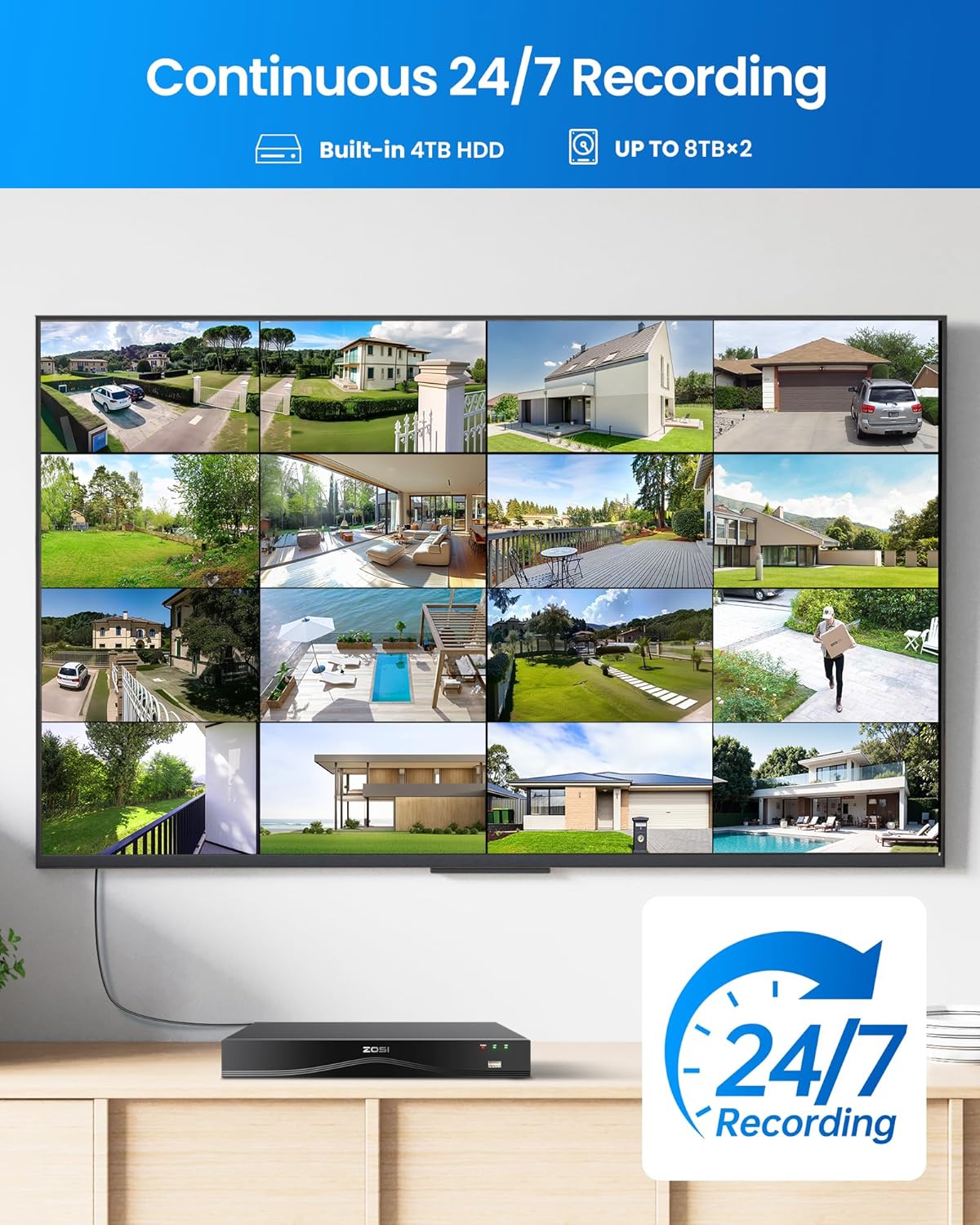 ZOSI 4K 16CH PoE Security Camera System, 8 x 8MP PoE IP Camera Outdoor Indoor with Human Detection, 100ft IR Night Vision, IP66 Weatherproof, 4K 16CH H.265+ NVR with 4TB HDD for 24/7 Audio Recording