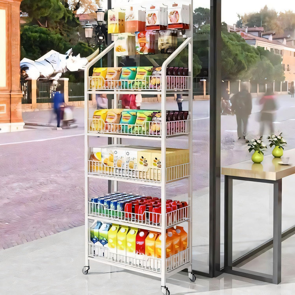 5-Tier Retail Display Rack, Metal Snack Display Stand with Wheels and Hooks, Multi-Functional Shelf, Easy to Assemble, Suitable Storage Rack for Home, Supermarket, Drugstore (5-Tier, White)