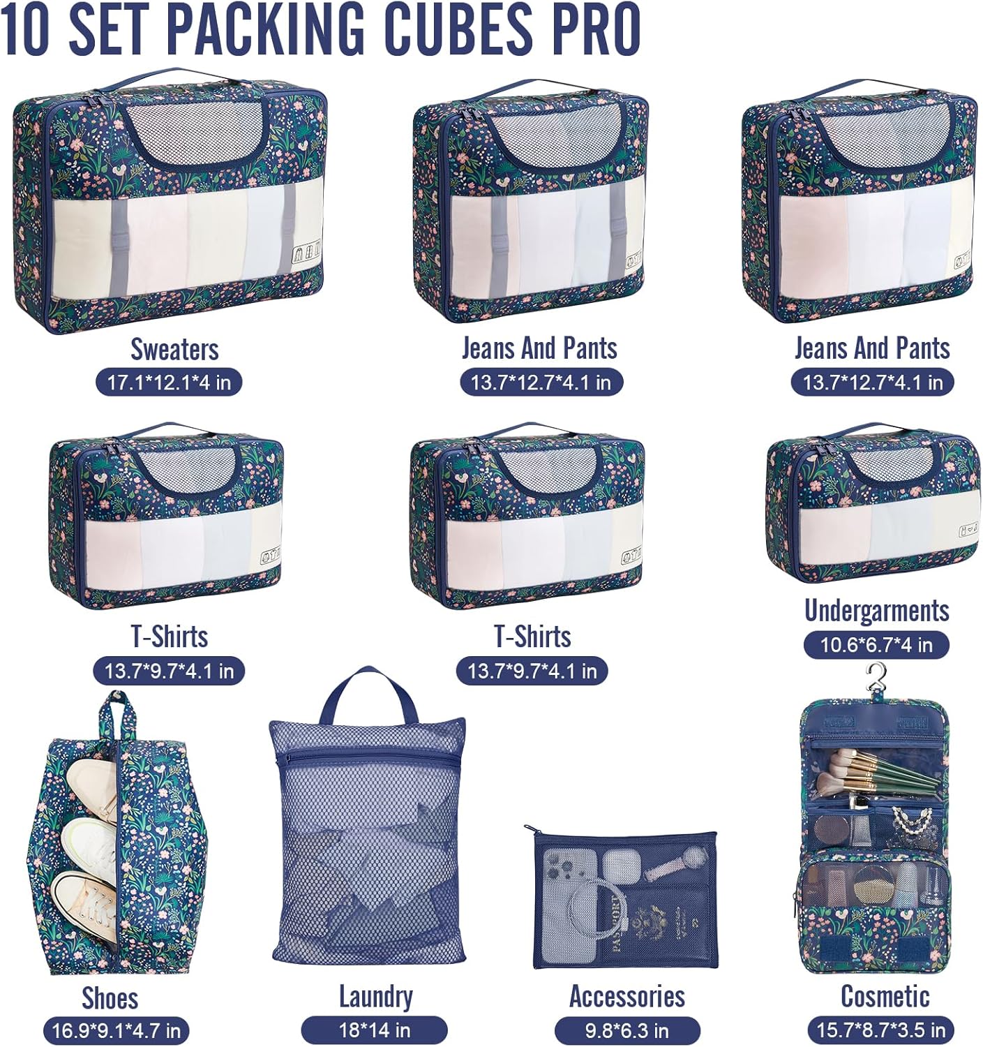 Veken 10 Set Packing Cubes for Travel Essential, Suitcase Organizer Bags in 4 Sizes, Carry-On Luggage Accessories with Large Laundry & Hanging Toiletry Bag, Must-Have for Airplane, Road Trip & Camping