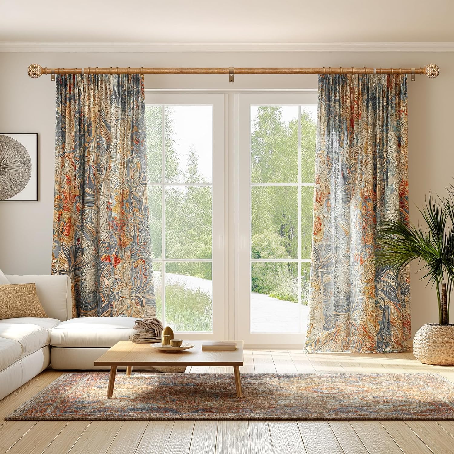 Imitation Wood Grain Ball Curtain Rods for Windows 48 to 84 Inch,1 Inch Heavy Duty Adjustable Wood Curtain Rod,Boho Decorative Drapery Rods Set with Brackets,Size:18''-88''