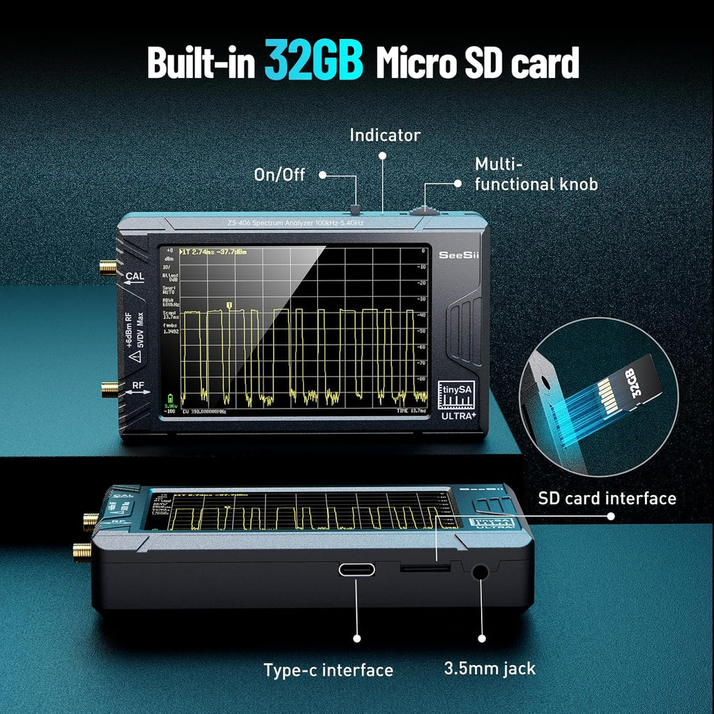 SeeSii TinySA Ultra+ ZS406 Spectrum Analyzer: 4.0 Inch 5.4GHz Handheld Tiny Frequency Analyzer with ZK06-UM 21dB LNA Module 32Gb Card—100kHz to 800MHz MF/HF/VHF UHF Input, 2025 Upgraded