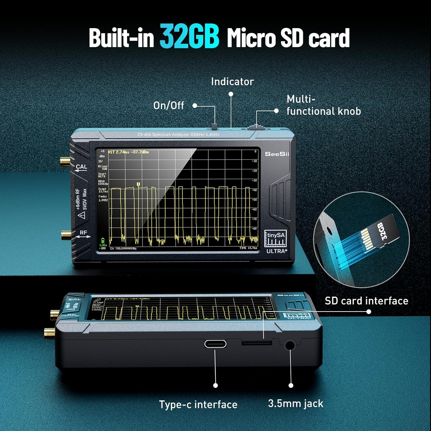 SeeSii TinySA Ultra+ ZS406 Spectrum Analyzer: 4.0 Inch 5.4GHz Handheld Tiny Frequency Analyzer with ZK06-UM 21dB LNA Module 32Gb Card—100kHz to 800MHz MF/HF/VHF UHF Input, 2025 Upgraded