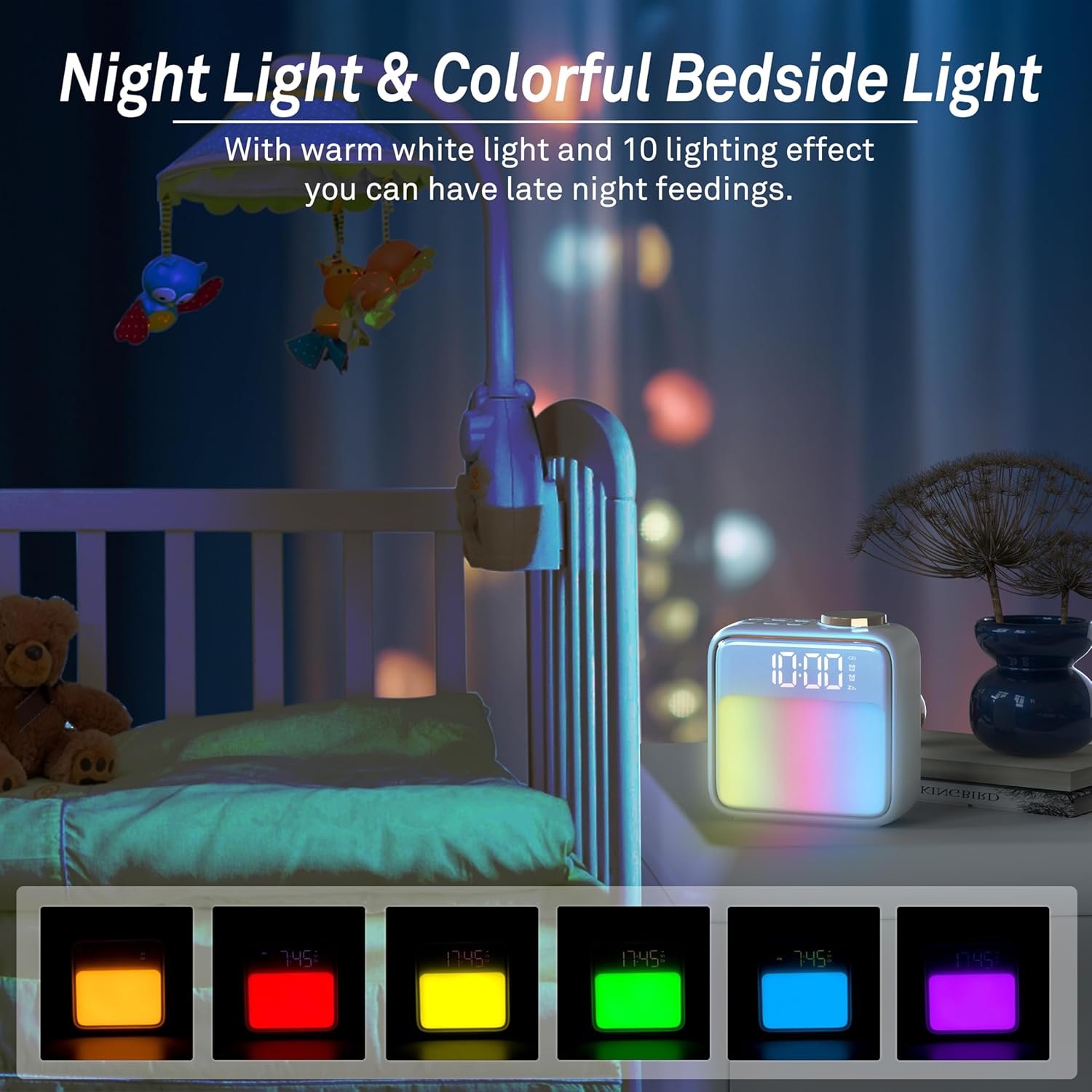AIRIVO Alarm Clock Night Lights, Built-in Battery Alarm Clock for Bedrooms, 6 Scenes & White Noise Sync, Dual Alarms & Snooze, for Heavy Sleepers, Gifts for Kids Teens