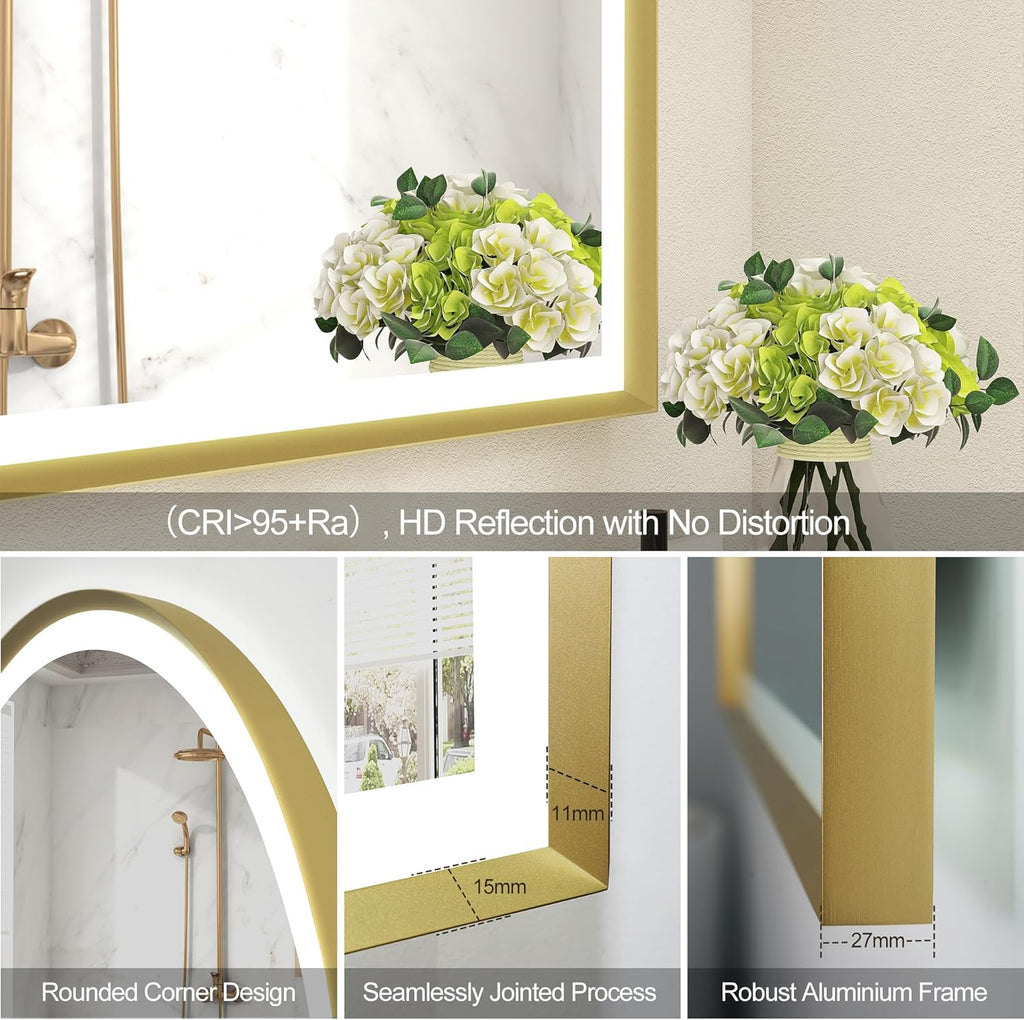S'bagno 24x36 Arched Gold LED Mirror for Bathroom with Frontlit & Backlit, LED Bathroom Mirror with Metal Frame, Anti-Fog, Stepless Dimmable, 3 Color Temperature Vanity Mirror