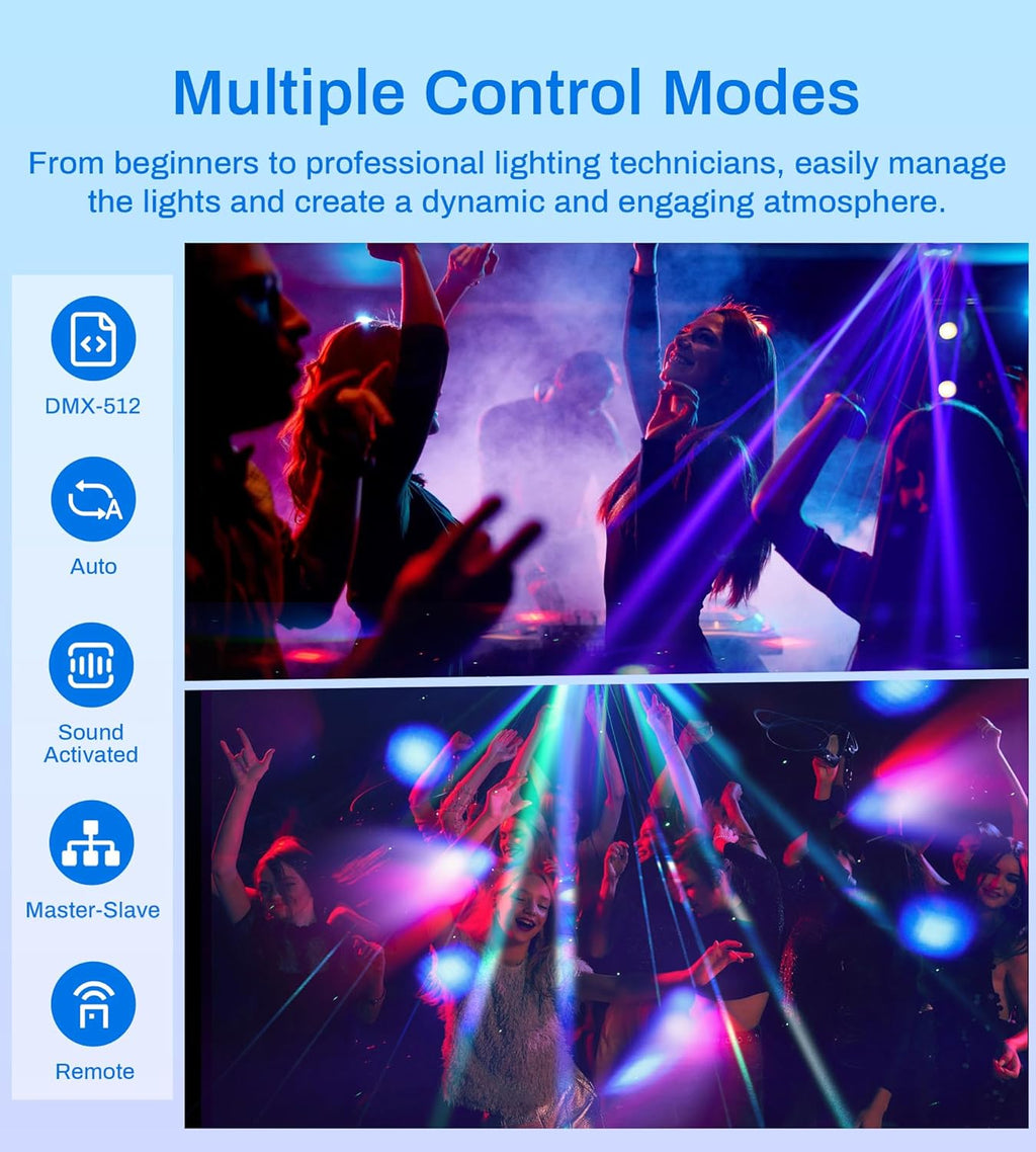 Moving Head DJ Lights, 150W Quality Metal Construction 6 Arms Disco Stage Light with RGBW 4-in-1 LED, DMX-512 & Sound Activation & Remote Control, Laser Party Lights for Bar, Wedding, Club Live House