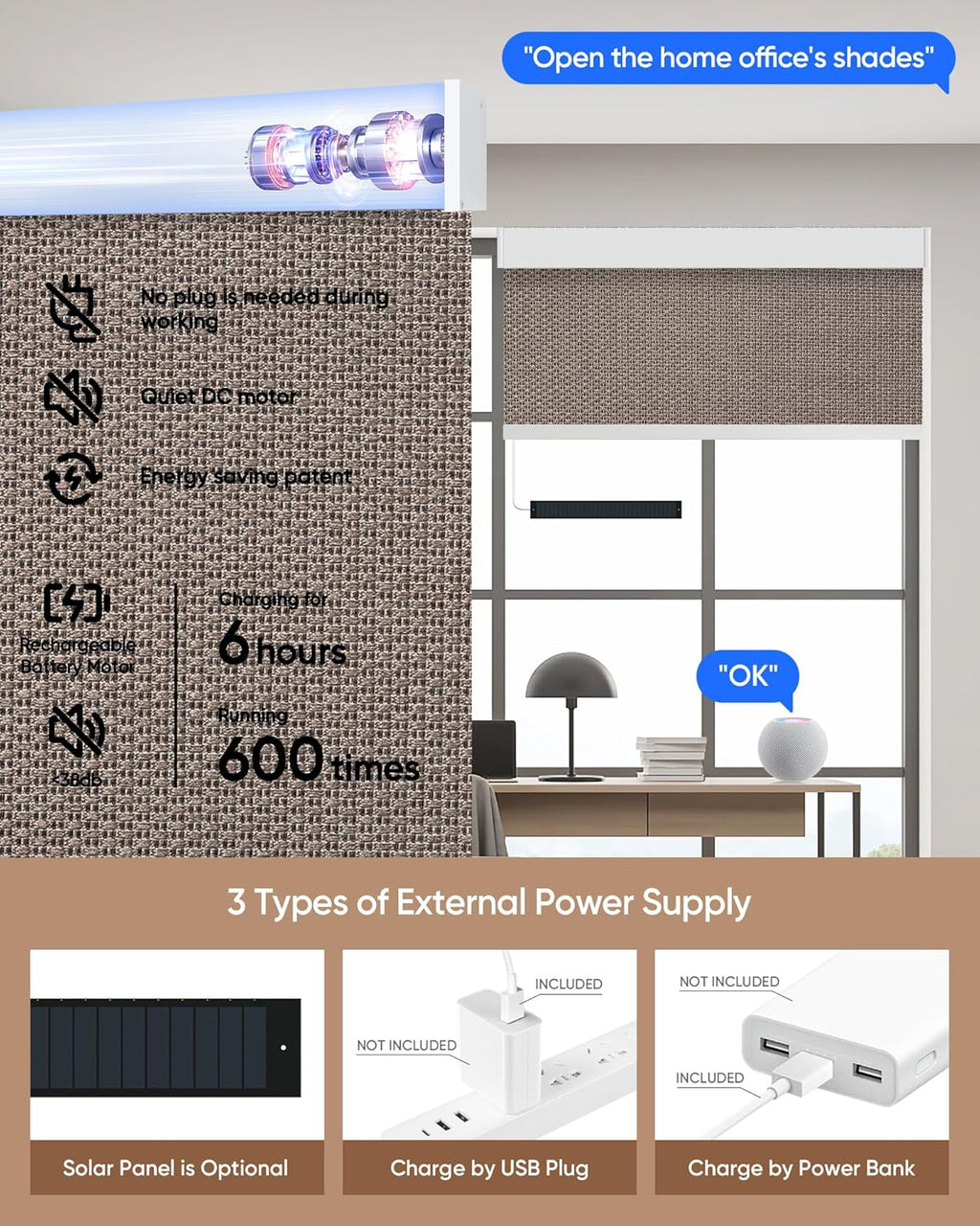 Kincmo Motorized Blinds with Remote,100% Blackout Motorized Roller Shades Work with Apple Homekit,Alexa,Google, Custom Electric Blinds with App,Voice Control (Groove Brown)