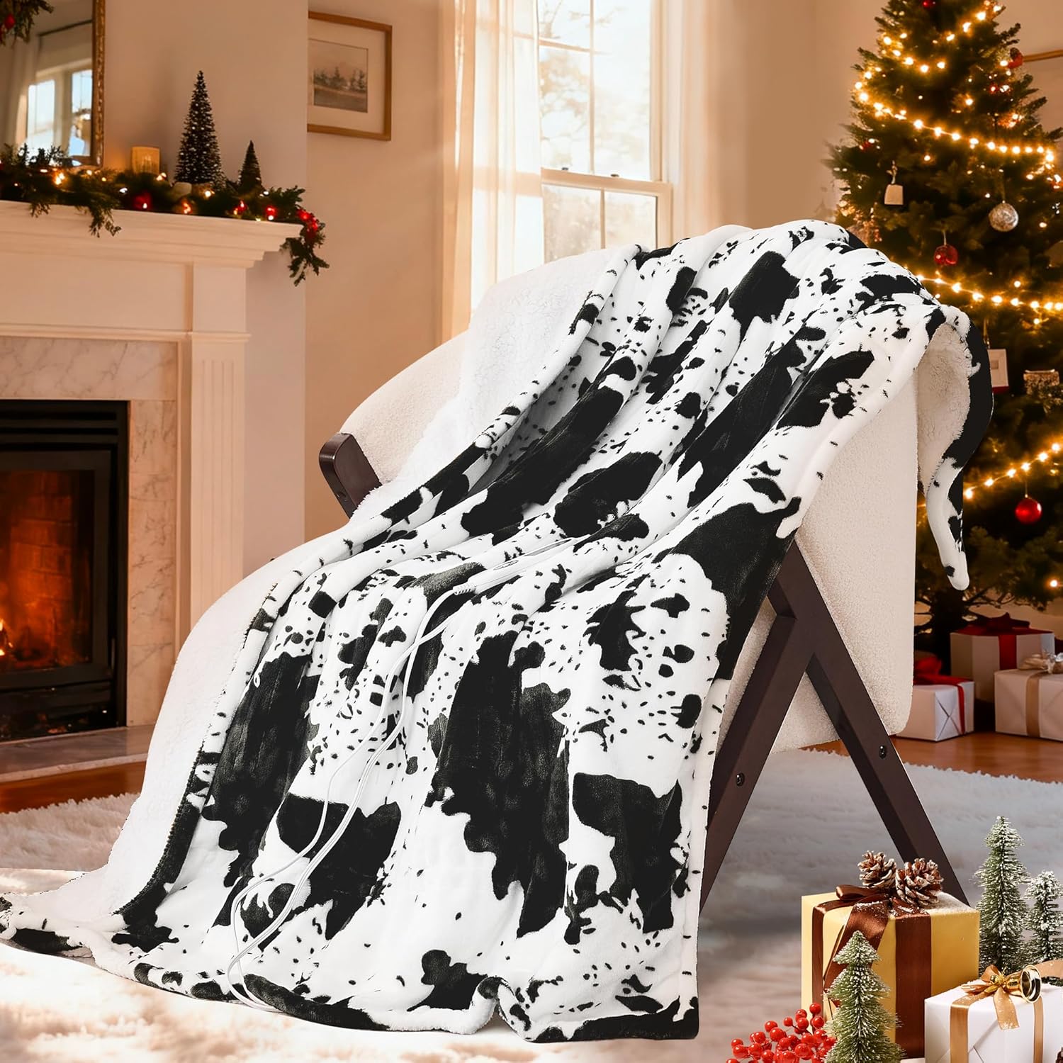 Black Cow Print Heated Throw Blanket 50"x60", Electric Blanket with 6 Heat Settings & 1-12H Timer, Cozy Soft Flannel Sherpa, Machine Washable, Warm Gift for Women