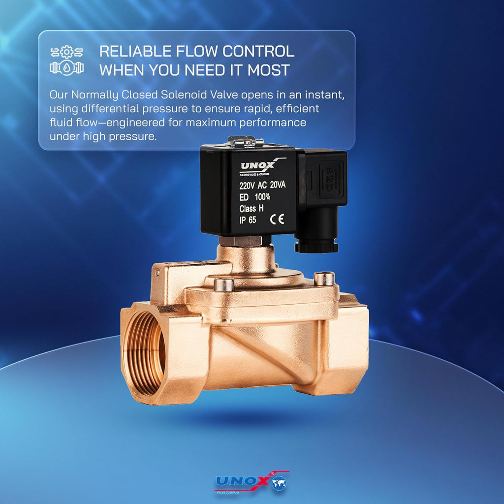 UNOX 1 1/4" NPT Solenoid Valve 220V AC, Brass Control Valve Normally Closed - 7-232 PSI Multi-Purpose Reliable Control Valve for Water, Air, and Gas - Solenoid Valves