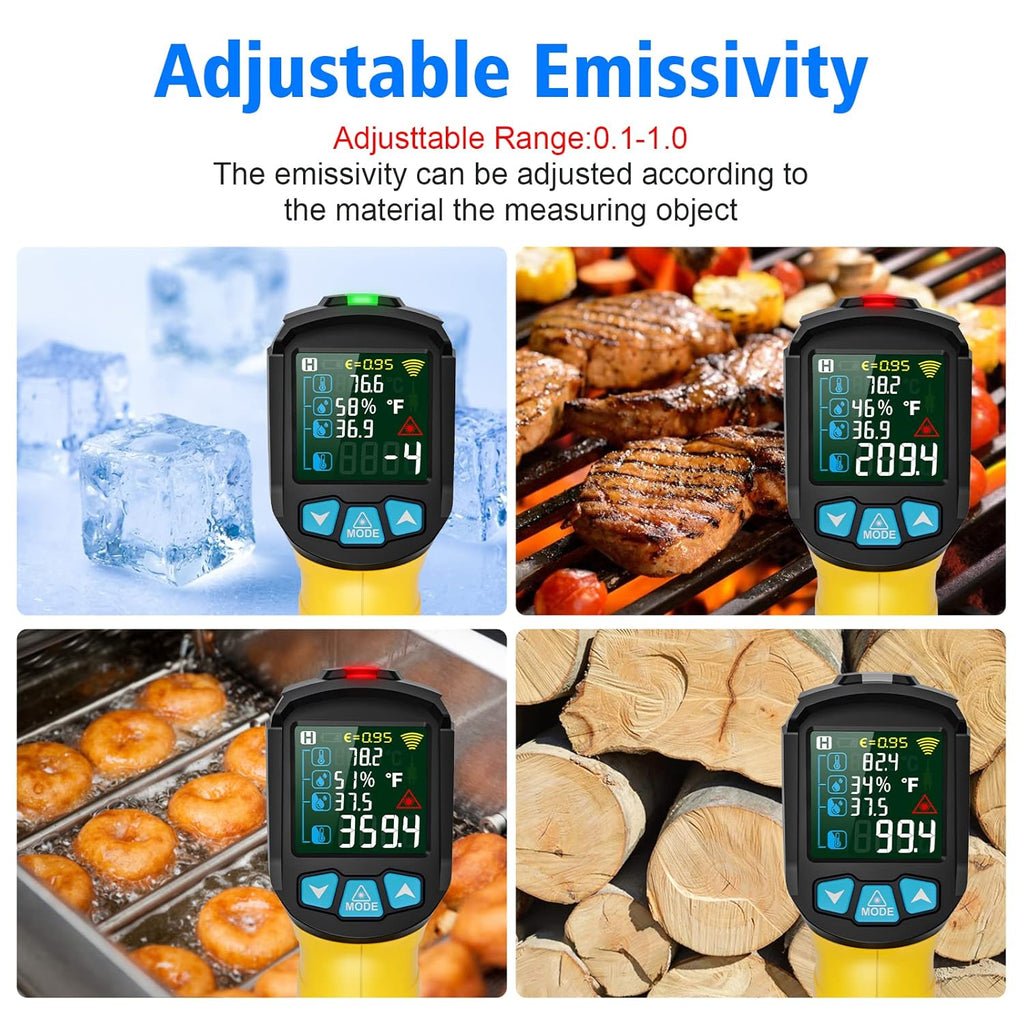 MESTEK Infrared Thermometer Gun, Non-Contact Digital Laser Thermometer Temperature Gun with Probe for Cooking, Home Repairs, IR Temp Gun with Humidity Sensor, Adjustable Emissivity -58°F to 1472°F