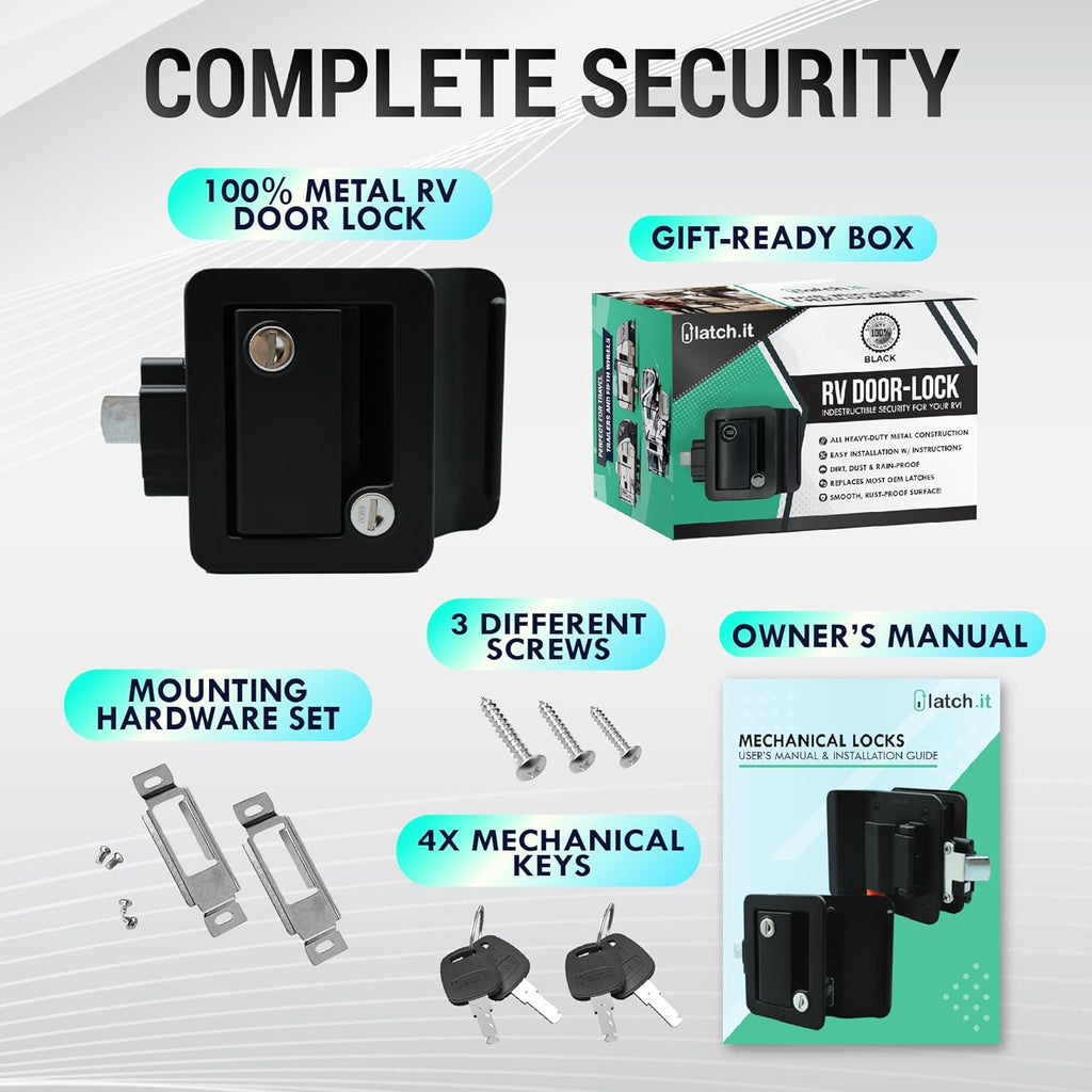 LATCH.IT Black RV Door Latch | 2 Keyed Alike RV Door Locks for Travel Trailers | Travel Trailer Door Latch | 100% Metal Camper Door Lock w/ 4 Keys | Trailer Door Lock is Easy-to-Install & Fits Most!