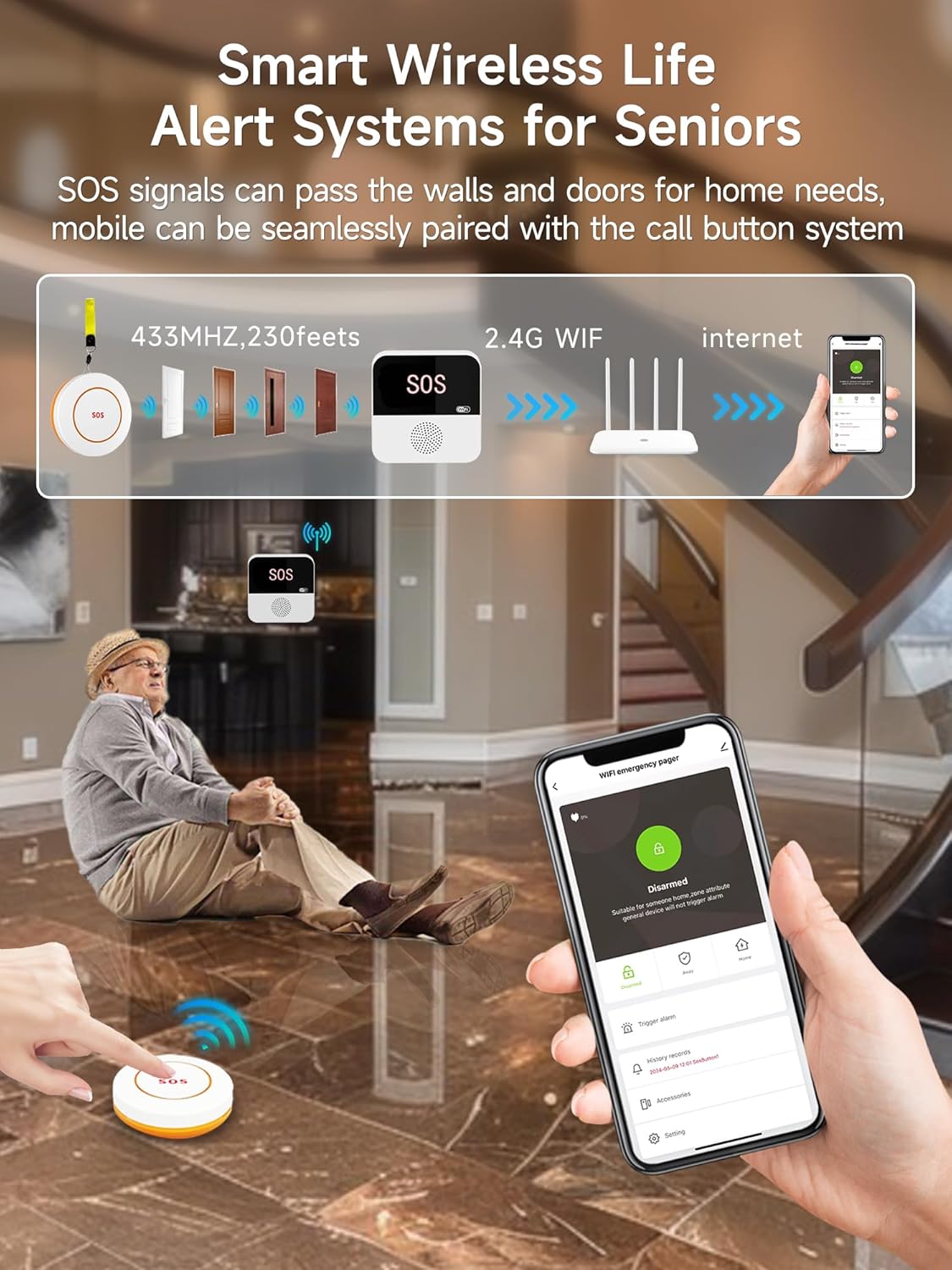 3 Pack Wireless Caregiver Call Button for Elderly at Home, WIFI Panic Button, Help Button, Alarm for Senior Citizens w Sound Light Alarm, App Alert, Emergency Response Button, Caregiver Pager