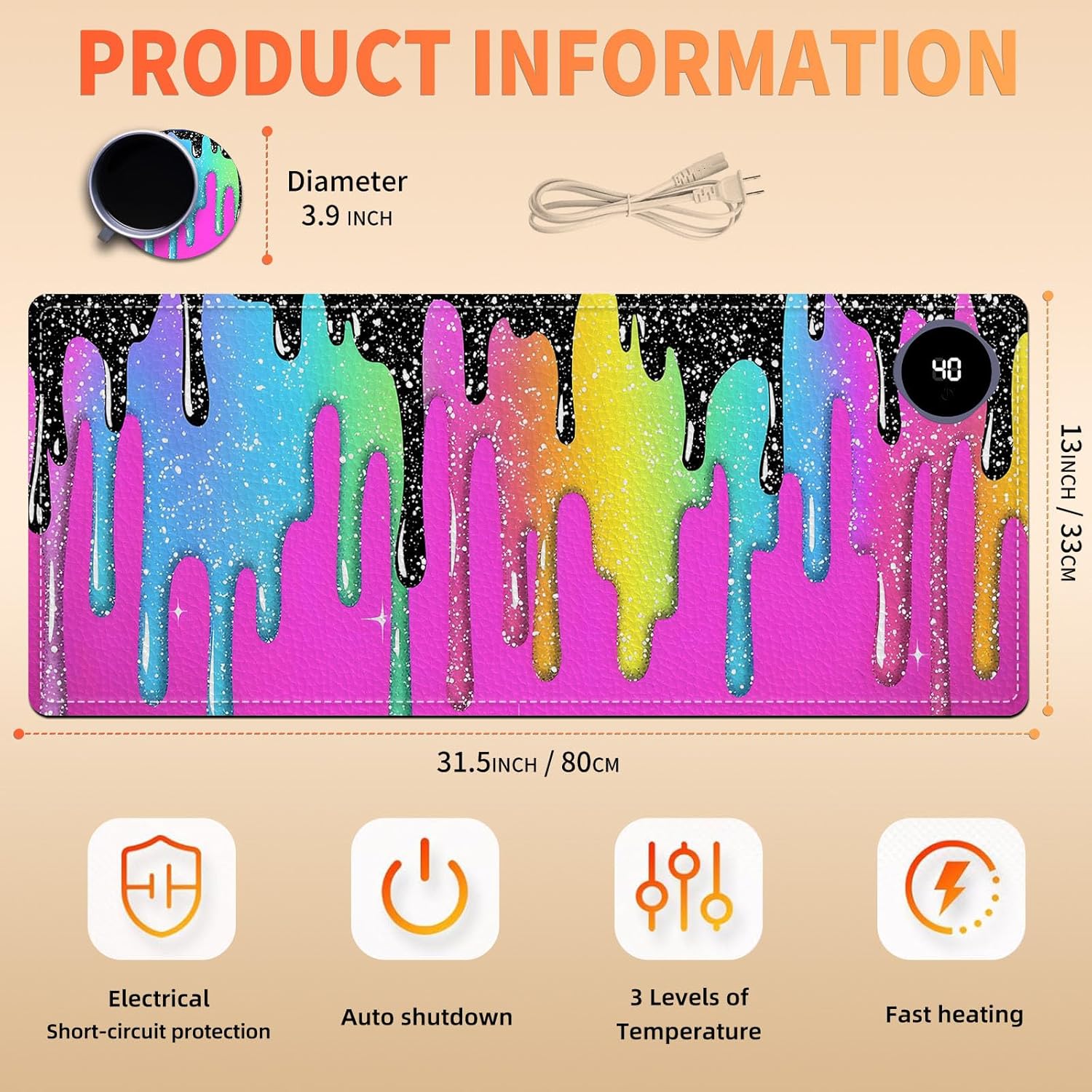 Heated Mouse Pad, Warm Desk Pad, Keyboard Mat 31.5 x 13 Inch Large Size Intelligent Fast Heating, 3 Speed Adjustable, Timed Auto Power Off for Game Office Home,Rainbow Ice Crea