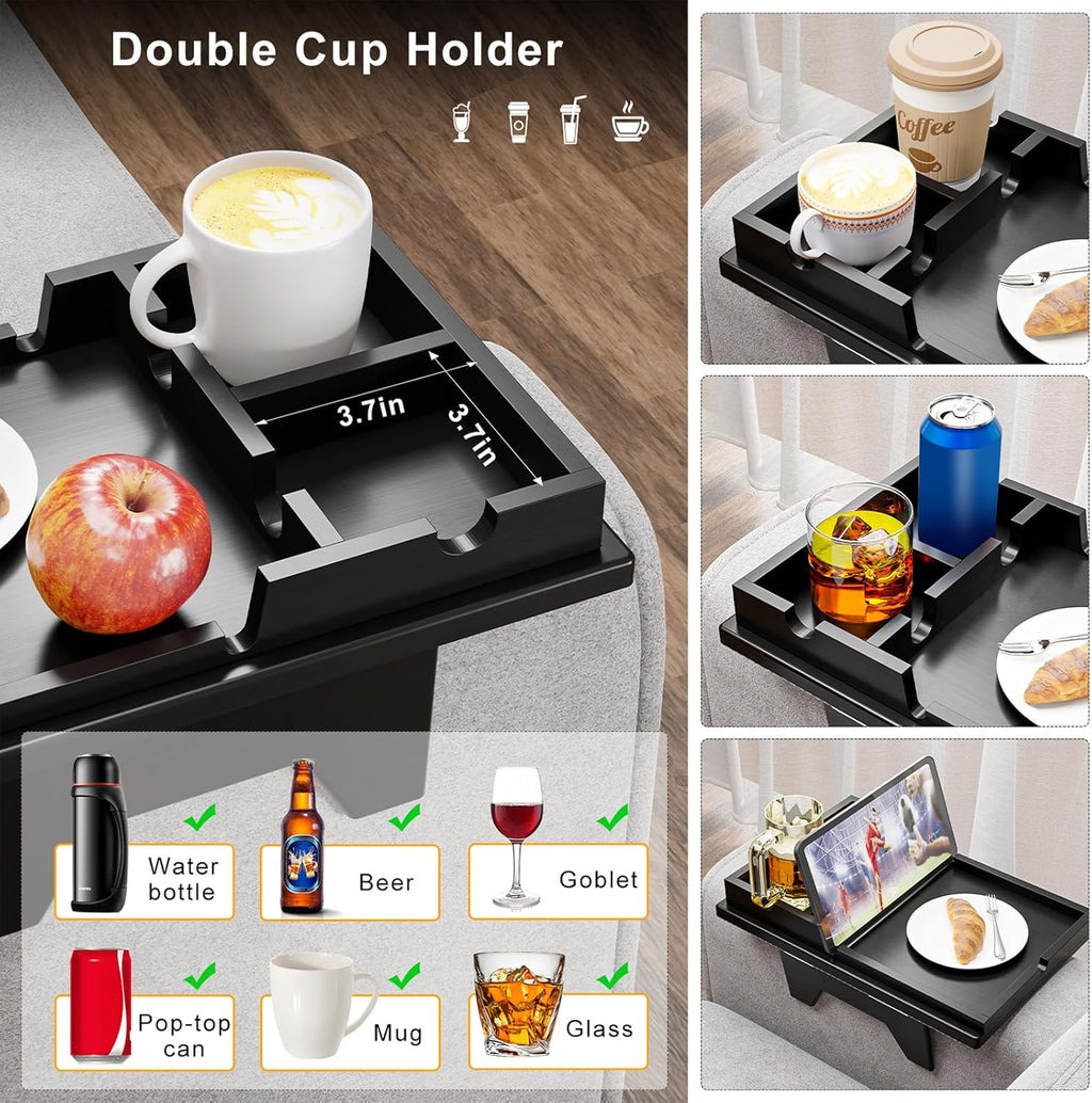 Bamboo Couch Cup Holder Tray - 2 in 1 Couch Armrest Table with Be Slide-Away Detachable Double Holder - Foldable Sofa Armchair Caddy for Drinking Snacks iPad TV Remote (Black)
