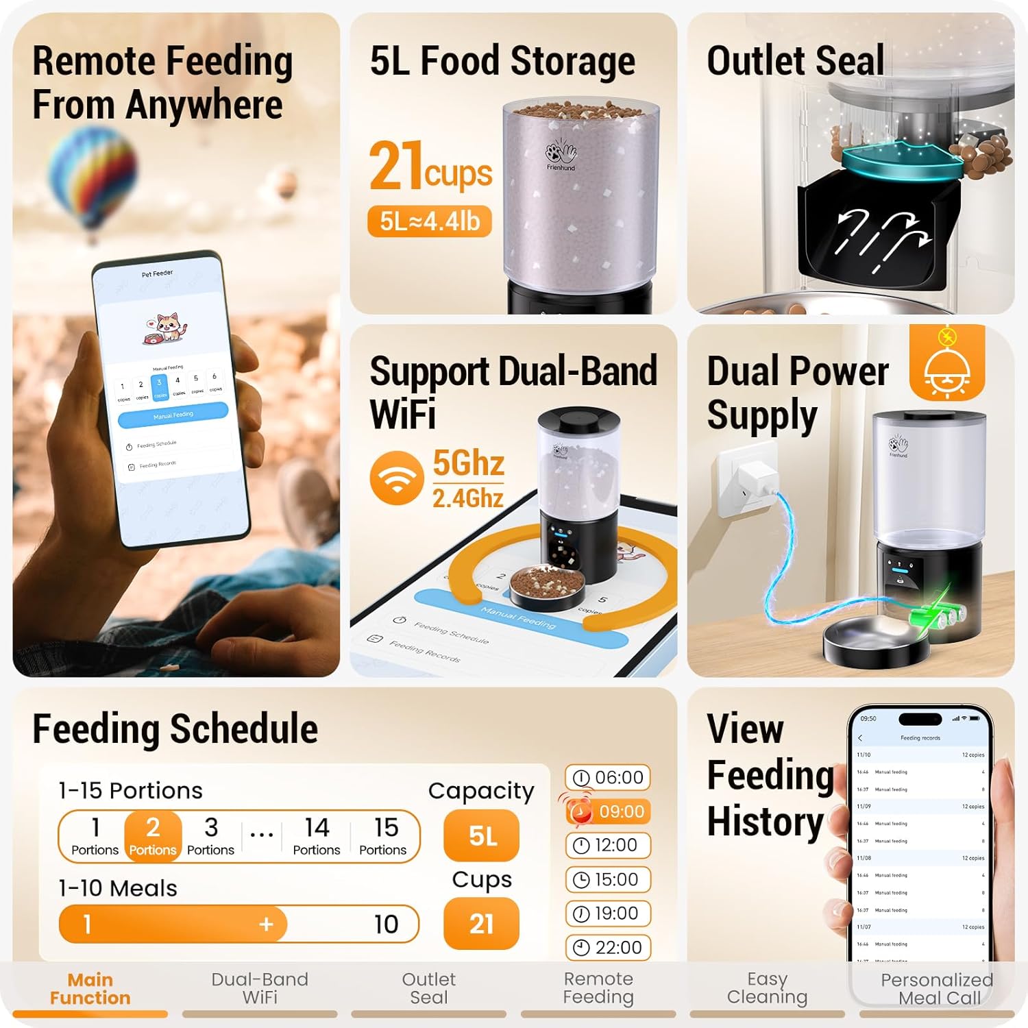 Automatic Cat Feeder with 5G WiFi : 5L Automatic Dog Feeder with Sealed Outlet, Timed Auto Cat Food Dispenser with APP Control for Pets, Detachable for Easy Clean - 21 Cup