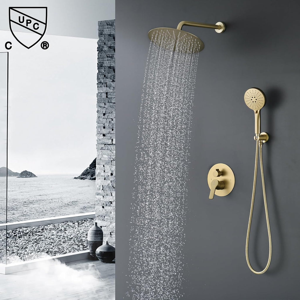 Shower Faucet Set Brass 10IN Rough-In Valve Body Trim Kit Rainfall Included Handle Accessories Complete 2 Functions with Rain Head and Handheld Bathroom Systems (10'', Brushed Gold)
