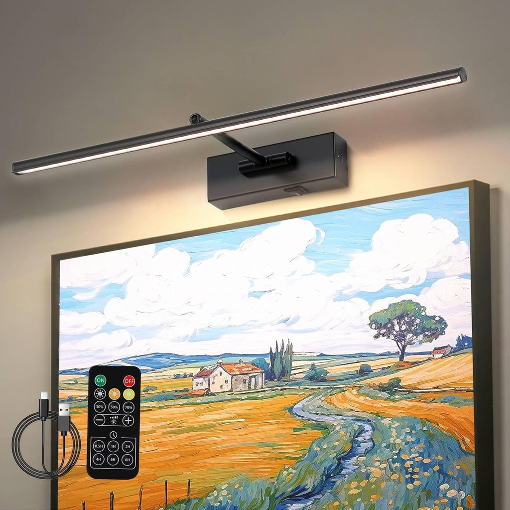 Battery Operated Picture Light with Wireless Remote 3CCT Dimmable Black Wall Art Lights for Paintings Rechargeable Home Decor Gallery Light 24’‘ Artwork Lighting for Canvas Timer Function