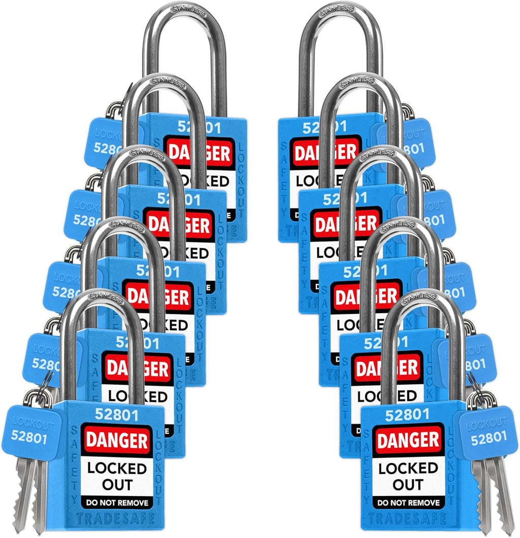 TRADESAFE Lockout Tagout Locks Set - 10 Blue Keyed Alike Padlocks, 2 Keys Per Lock, OSHA Compliant Loto Locks