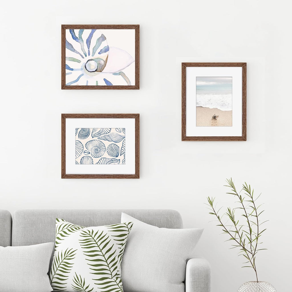 Fun Memories 8x10 Oak Wood Picture Frame Set of 3, 10 x 8 Frame Wood for Wall & Tabletop, Display 5x7 with Mat or 8 x 10 without Mat, 8x10 Natural Wood Photo Frames with Real Glass, Walnut Color