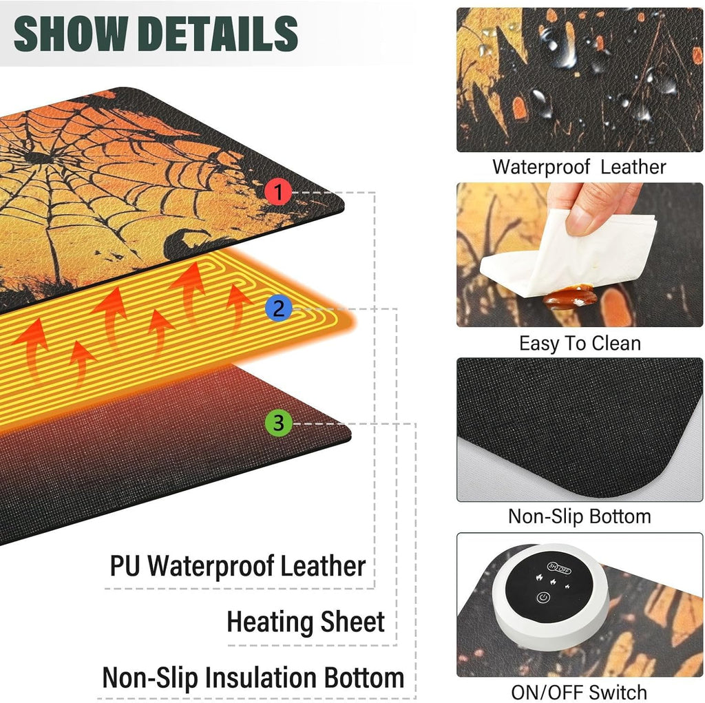 Heated Desk Pad Mouse Pad 31.5x13 Inch PU Leather Desk Mat with 3 Heat Levels Large Mouse Gaming Computer Laptop Mat Orange Witch Castle Halloween