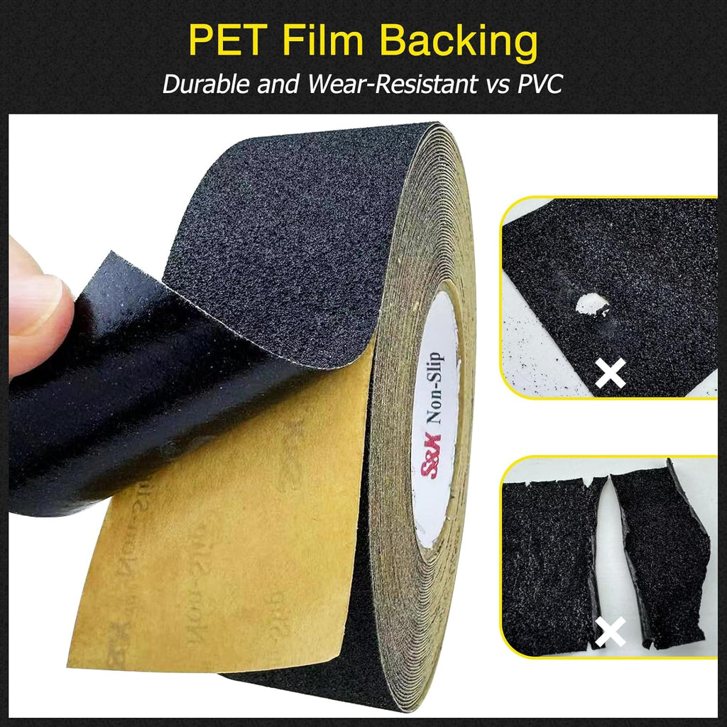 S&X Anti Slip Tape 12 Inch x 60 FT Roll Black Grit 60 Exceptional Traction Non-Slip Skid Grip Tape for Outdoor Stair Treads, Wooden Steps & Exterior Grips - Long-Lasting Tread Strips