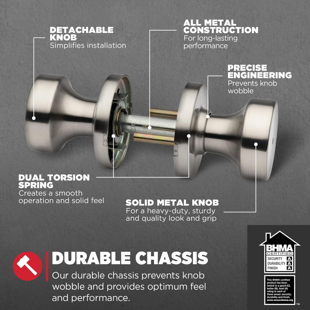 Kwikset Pismo Interior Privacy Door Knob with Lock, Door Handle for Bathroom and Bedroom, Satin Nickel Keyless Turn Lock Doorknob, with Microban Protection (Pack of 10)