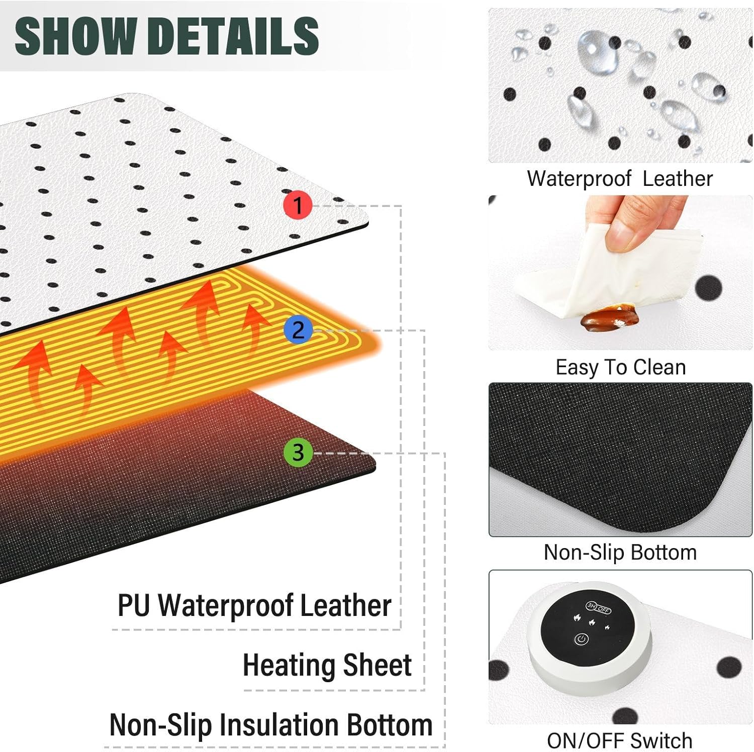 Heated Desk Pad Mouse Pad 31.5x13 Inch PU Leather Desk Mat with 3 Heat Levels Large Mouse Gaming Computer Laptop Mat Black Polka Dot White