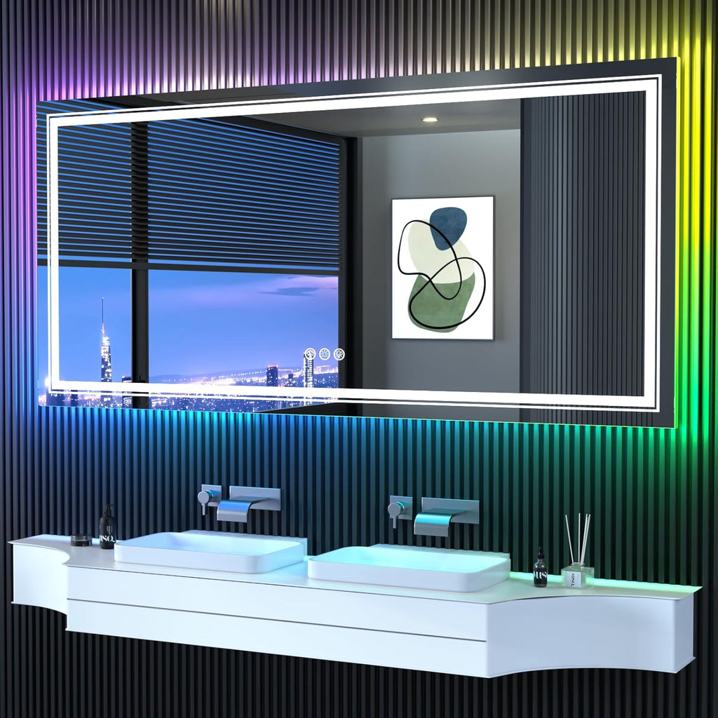 LED Mirror for Bathroom, 77"X36" with 8 RGB Backlit +3 Front Lit (Adjustable Individually), Anti-Fog, Large Lighted Bathroom Vanity Mirror for Wall,Shatterproof,Memory Function,Tempered Glass