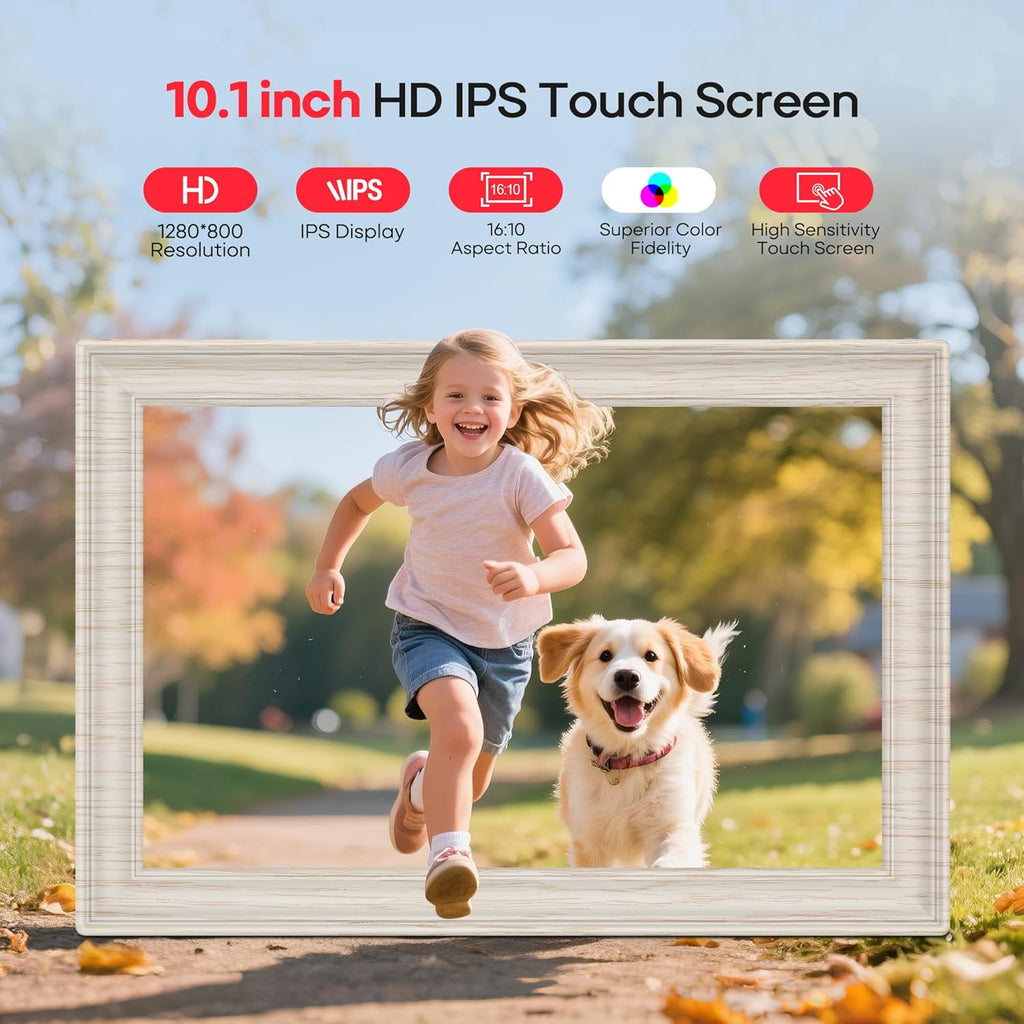 Frameo 10.1" WiFi Digital Picture Frame with 32GB Memory, 1280 x 800 IPS HD Touch Screen Electronic Photo Frame, Auto-Rotate, Slideshow, Share Photos/Video Remotely Anywhere White Wood Grain