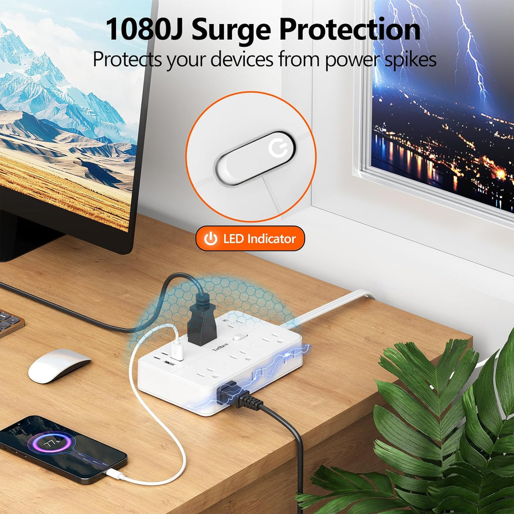 Surge Protector Power Strip-TerHavn 15 FT Flat Extension Cord ，10 AC Outlets & 4 USB Ports(3.4A 17W), 1080J ，Wall Mountable Desktop Charging Station with Flat Plug for Office Supplies and Home, White
