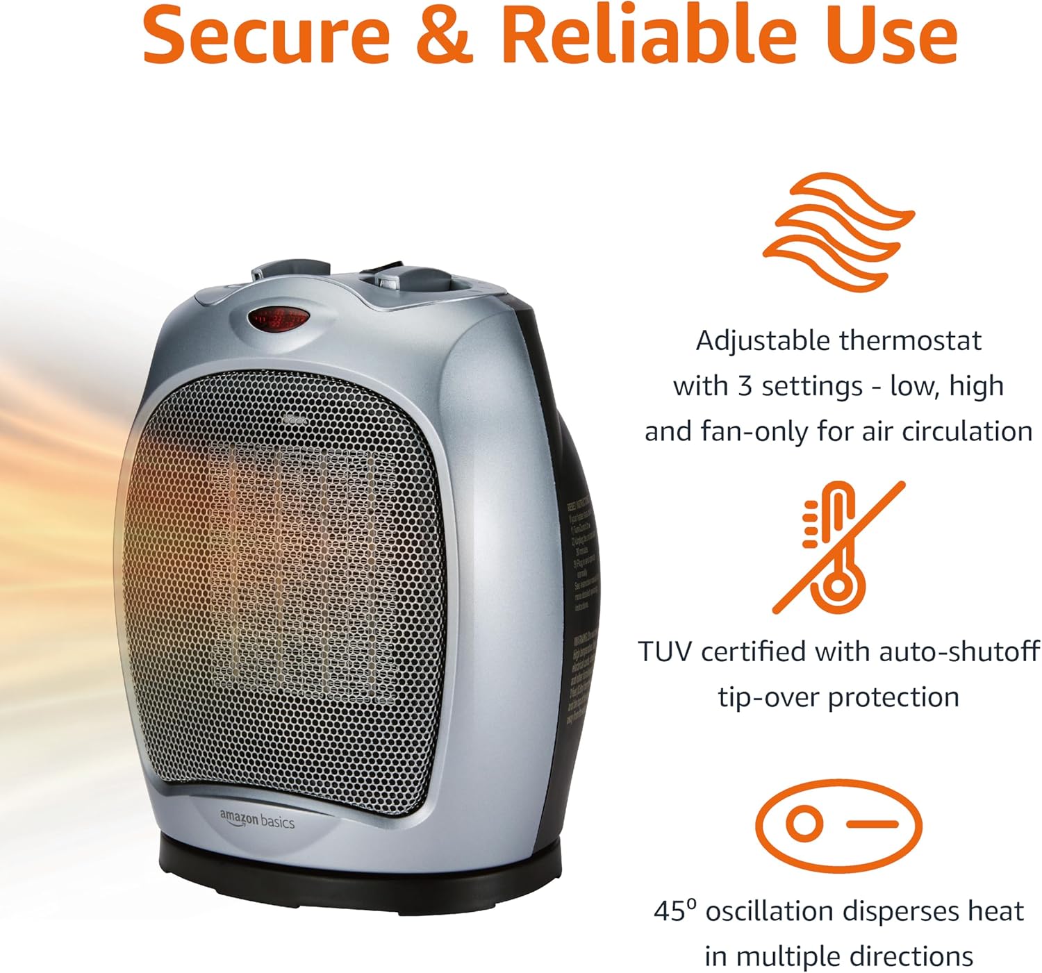 Amazon Basics Oscillating Ceramic Space Heater, Portable Indoor Heating Solution, With Overheat and Tip-Over Protection, Thermostat, 1500W, 7.52"D x 6.34"W x 9.45"H, Silver