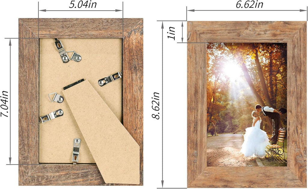 iRahmen 5x7 Picture Frame Set of 4, High Definition Real Glass Rustic Brown Frame, 5 x 7 Wood Photo Frames for Tabletop Display and Wall Mounting