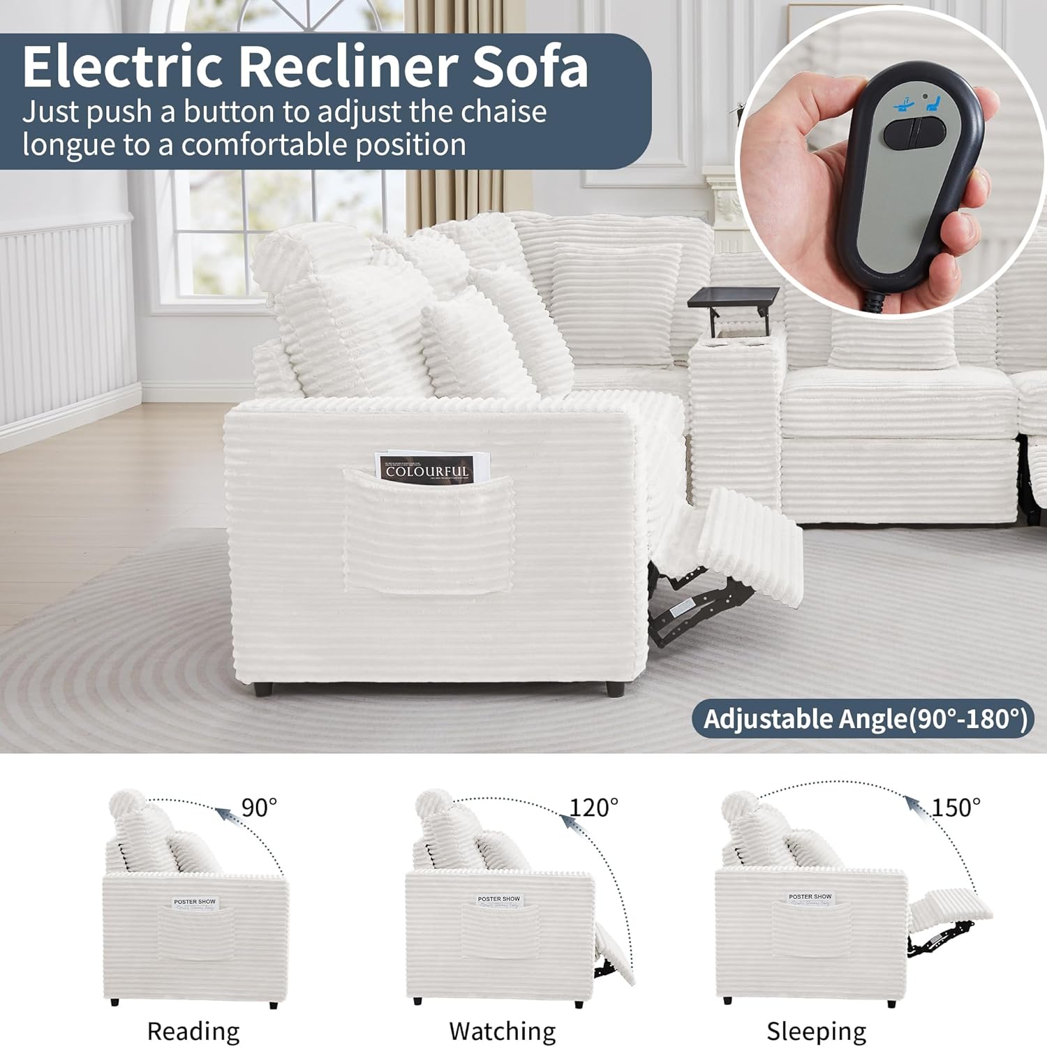 LEVNARY 6-Seat U Shaped Modular Sectional Sofa with Power Recliners, Faux Rabbit Fur Upholstery, Storage Console with Charging Ports & Cup Holders, Living Room Couch Set for Home Office (White)