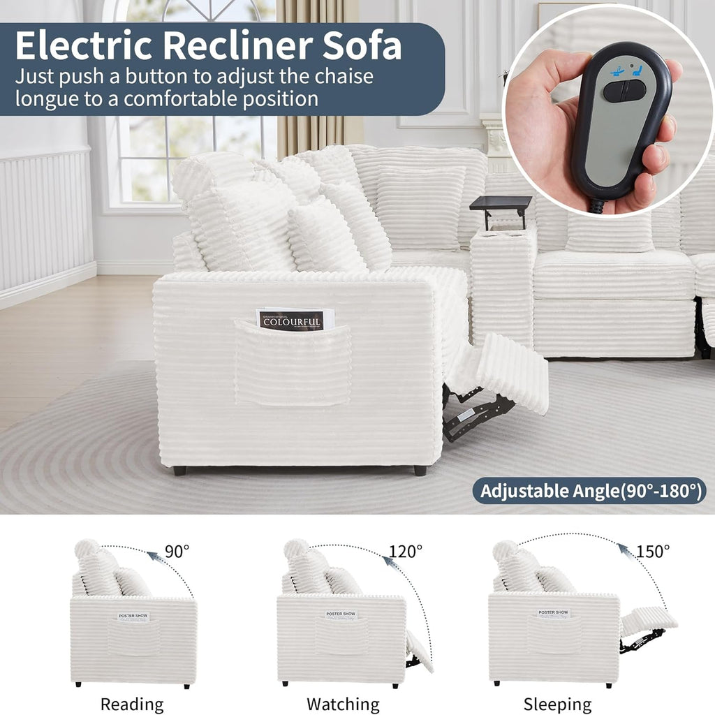 LEVNARY 5-Seat L Shaped Modular Sectional Sofa with Power Recliners, Faux Rabbit Fur Upholstery, Storage Console with Charging Ports & Cup Holders, Living Room Couch Set for Home Office (White)