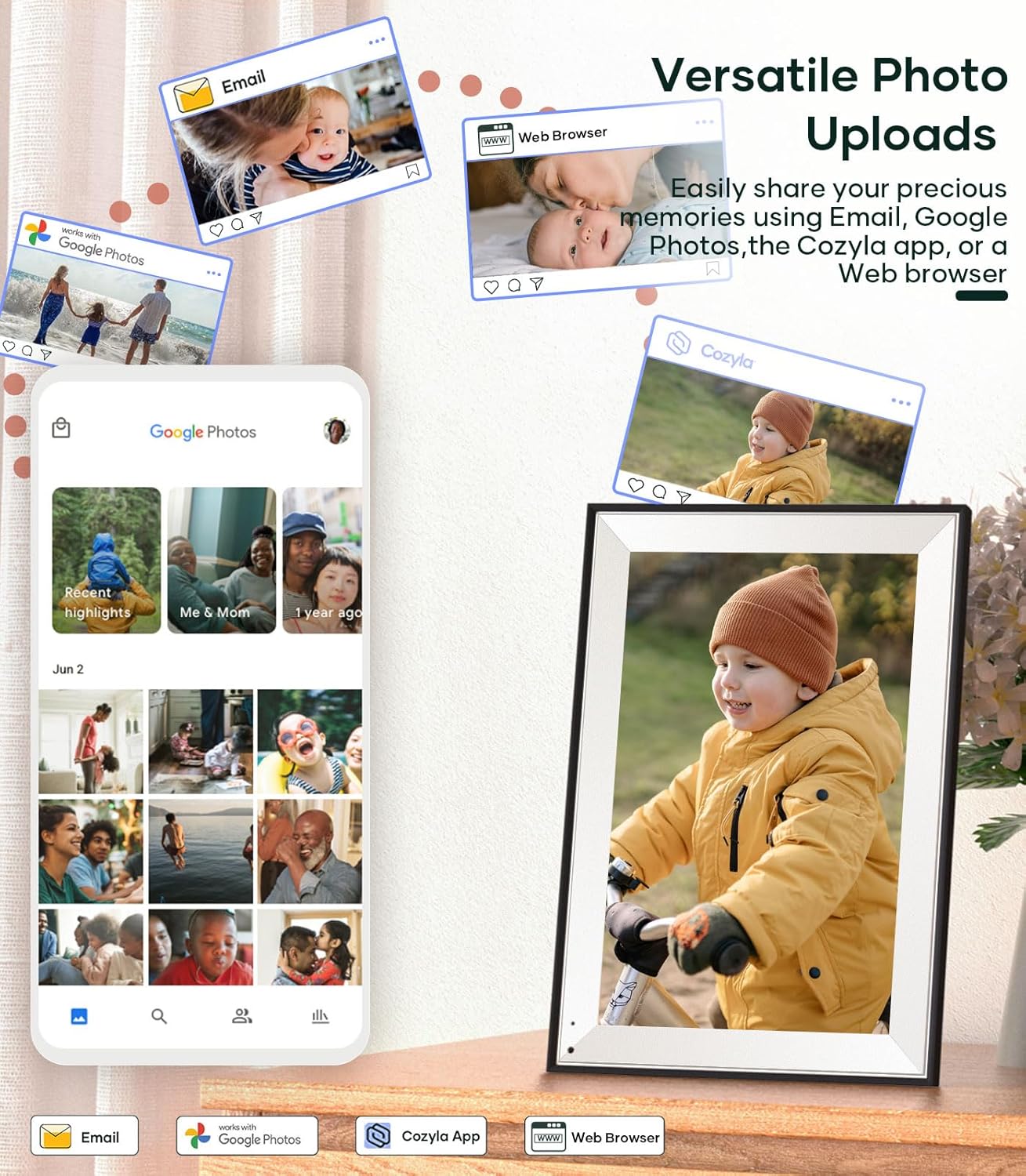 Cozyla Digital Photo Frame WiFi Smart Digital Picture Frame Battery Powered Unlimited Storage Send Photo w/Family via App Email Google Photos Instagram Web Browser Photo Frame Electronic 10.1 Inch Mat