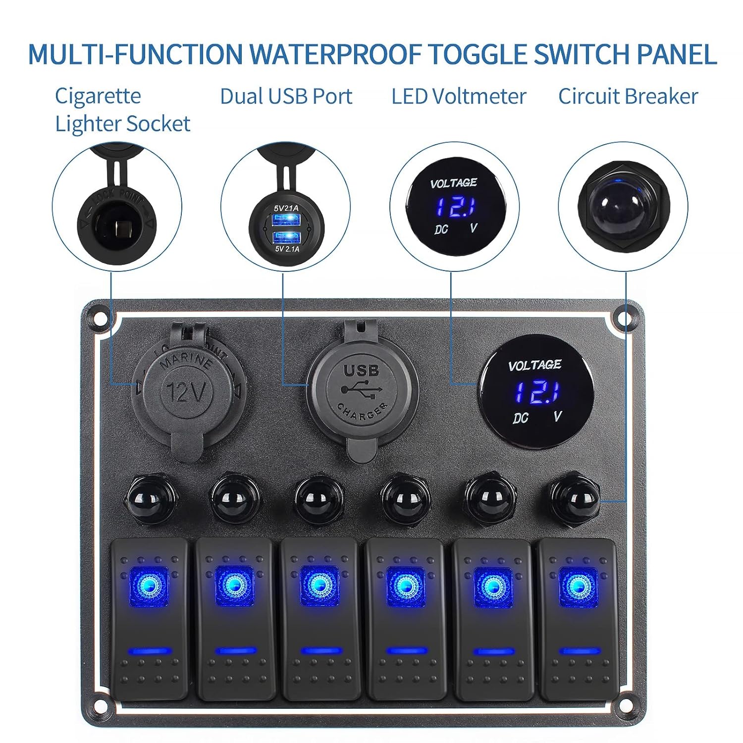 Marine Boat Rocker Switch Panel,Waterproof 6 Gang Multi-Function Toggle Light Switch Panel with Dual USB and Voltmeter Panel for RVs, Cars, Boats, Trucks,Trailers - 12-24V Blue