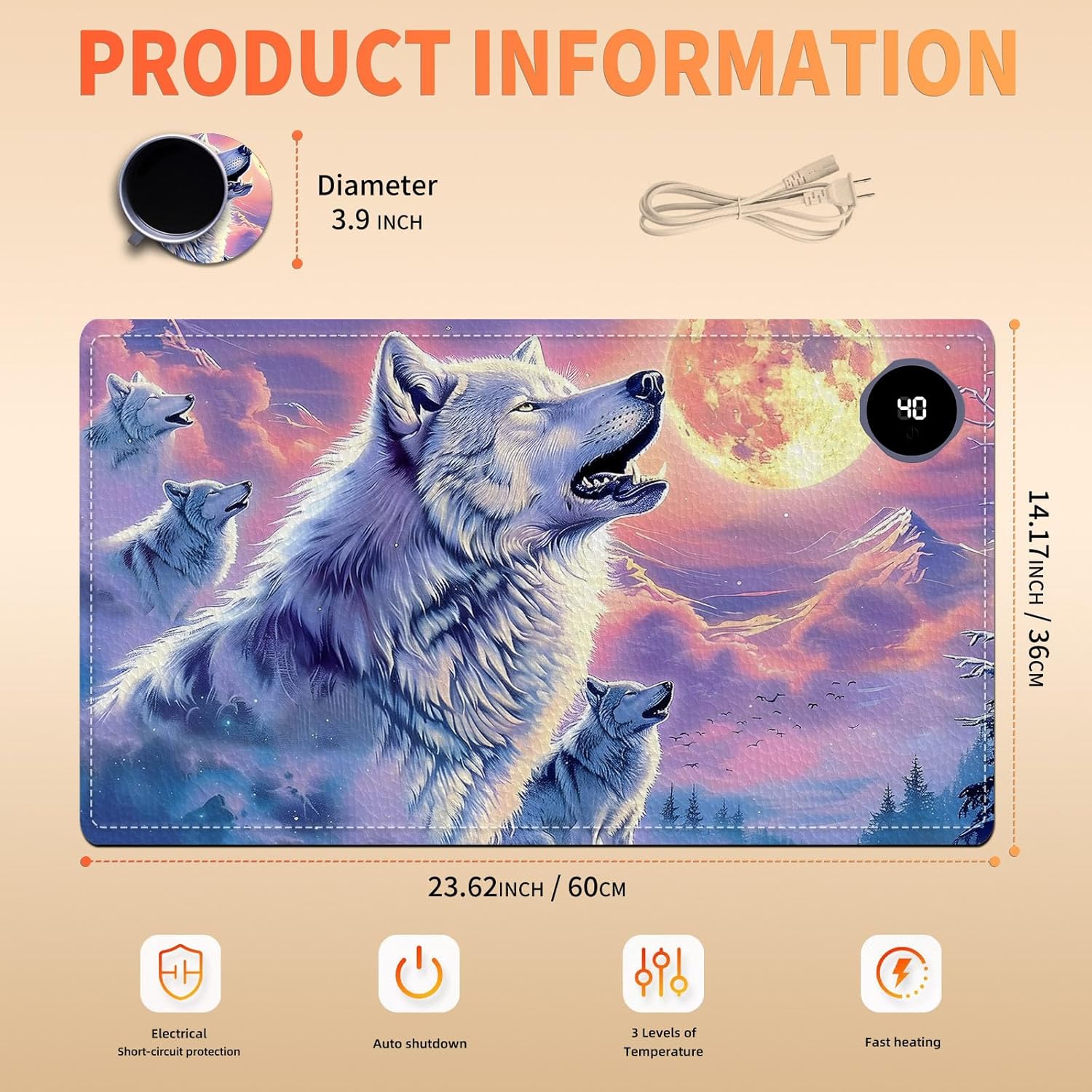 Heated Mouse Pad, Warm Desk Pad, Keyboard Mat 23.6 x 14 Inch Large Size Intelligent Fast Heating, 3 Speed Adjustable, Timed Auto Power Off for Game Office Home, Wolf Howling Under The Moon
