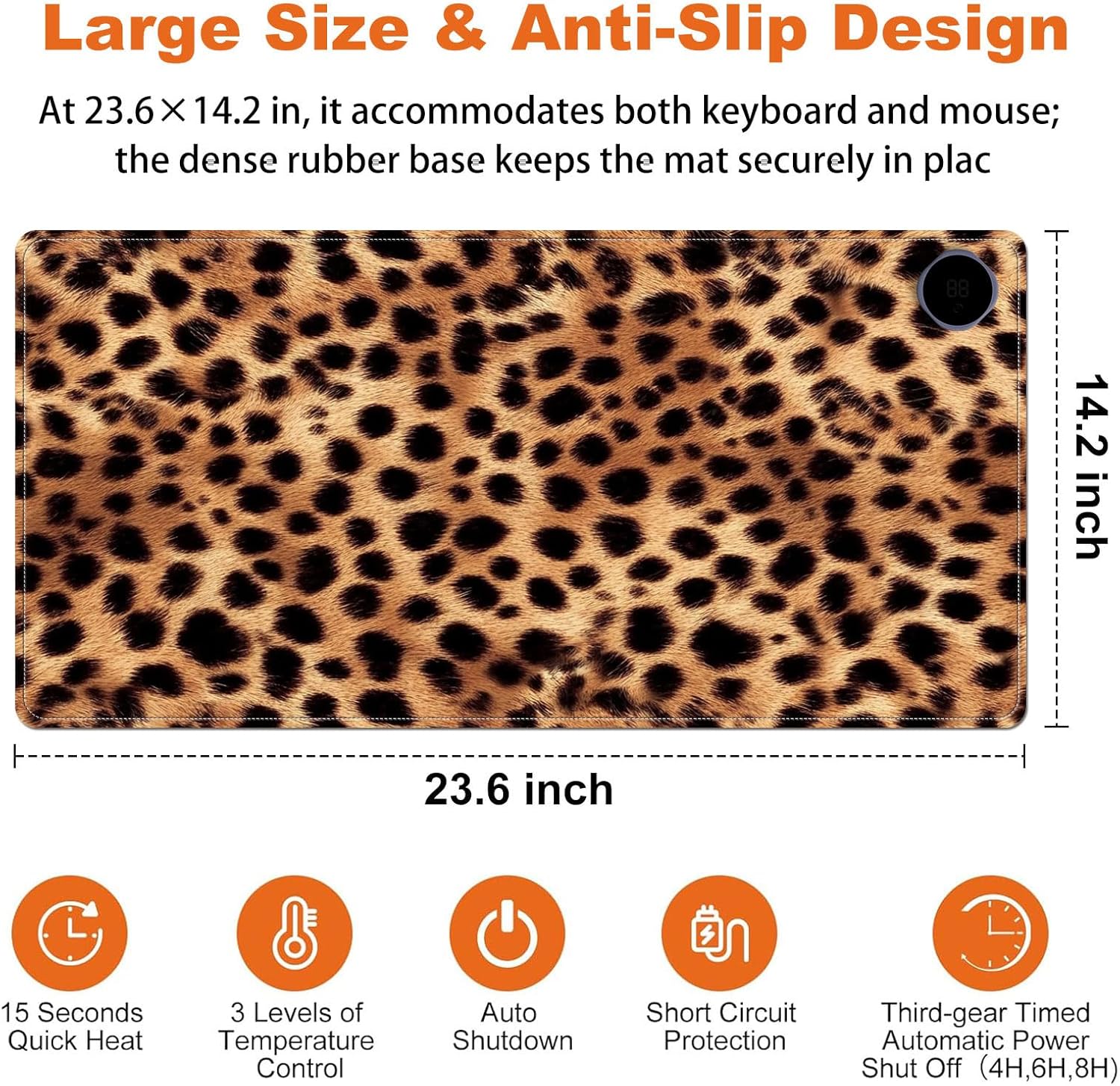 Small Heated Desk Pad 23.6" x 14.2" – Compact Electric Mouse Pad with 3 Heating Levels, Auto Shut-Off, Waterproof PU Surface, Plug-in Warmer for Office or Home Use, Leopard Print