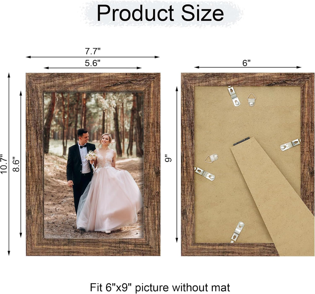 iRahmen 6x9 Picture Frame Set of 4, High Definition Real Glass Rustic Wood Frame, 6 x 9 Photo Frames for Tabletop Display and Wall Mounting