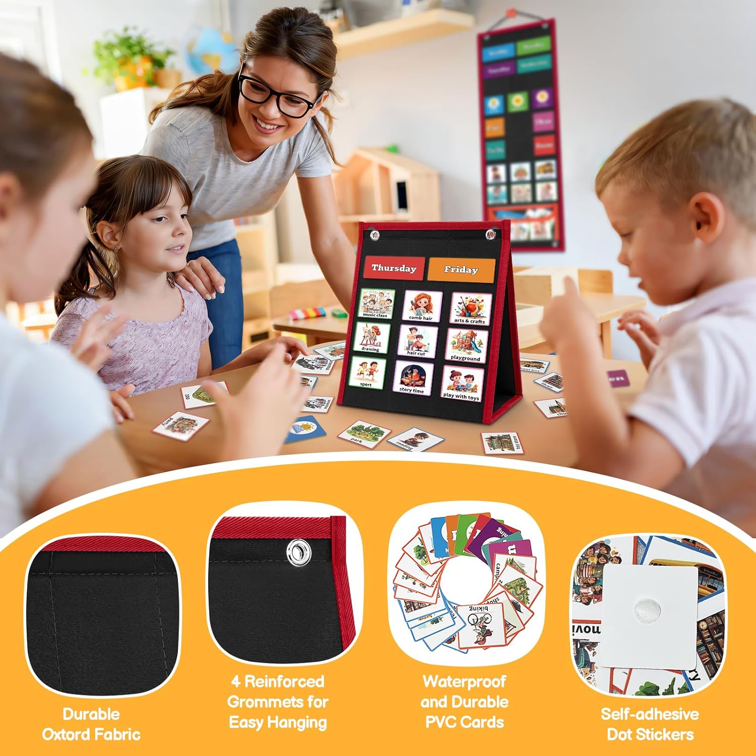 Visual Schedule for Kids Chore Chart，2 in 1 Daily Schedule Board Routine Pocket Chart Cards for Toddlers,Autism Learning Materials Tool Wall Planner for Home School with 103 Cards （Black）