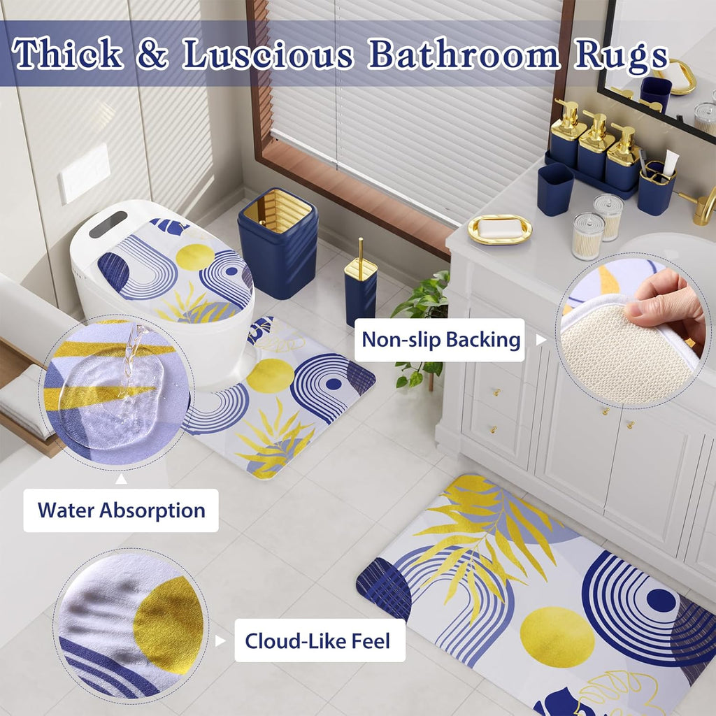 Bathroom Set - Bathroom Sets with Shower Curtain and Rugs, Bathroom Accessory Set, Navy Blue Bathroom Accessories Set with Trash Can, Toilet Brush and Soap Dispensers