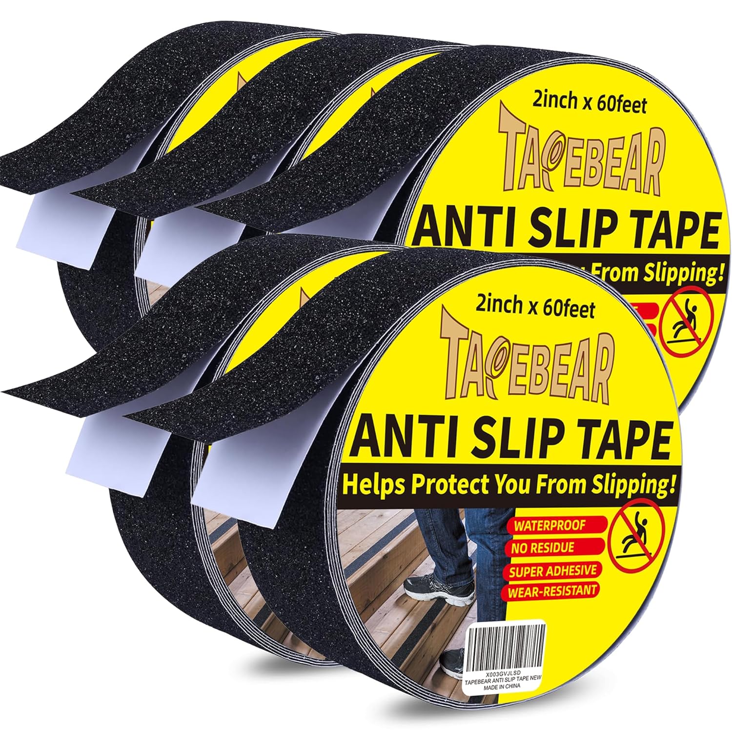 TAPEBEAR Black Safety Grip Tape 2inch x 60feet, Warning Anti-Slip Tape Strong Adhesive Waterproof for Indoor Outdoor Steps Stairs, Compatible with Plastic, Wood, Ceramic, Glass, Metal, 5Rolls