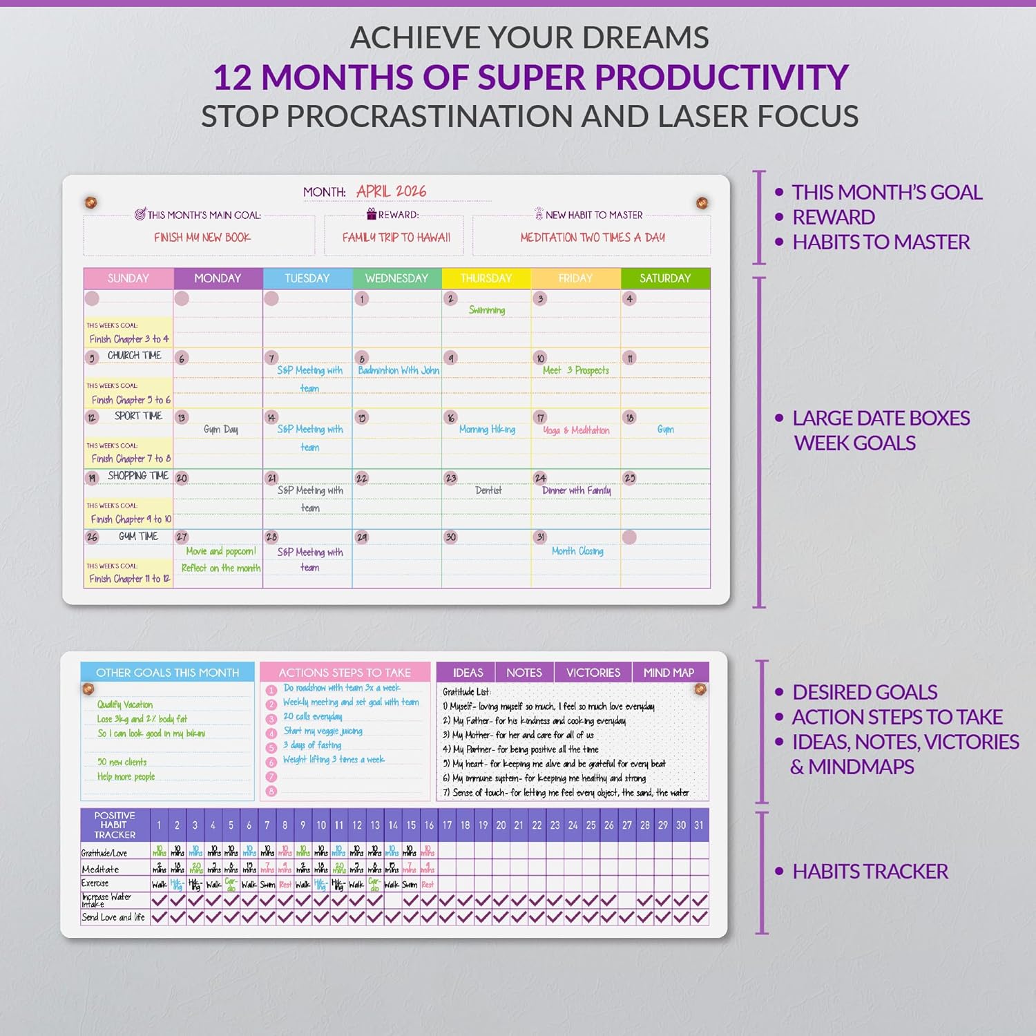 Magnetic Whiteboard for Fridge - Large Dry Erase Calendar for Wall | 2 Magnetic Dry Erase Board 10.5" x 16.5" & 7" x 16.5", Monthly Goal Setting & Habit Tracker, 5 Markers and 6 Adhesive Hooks
