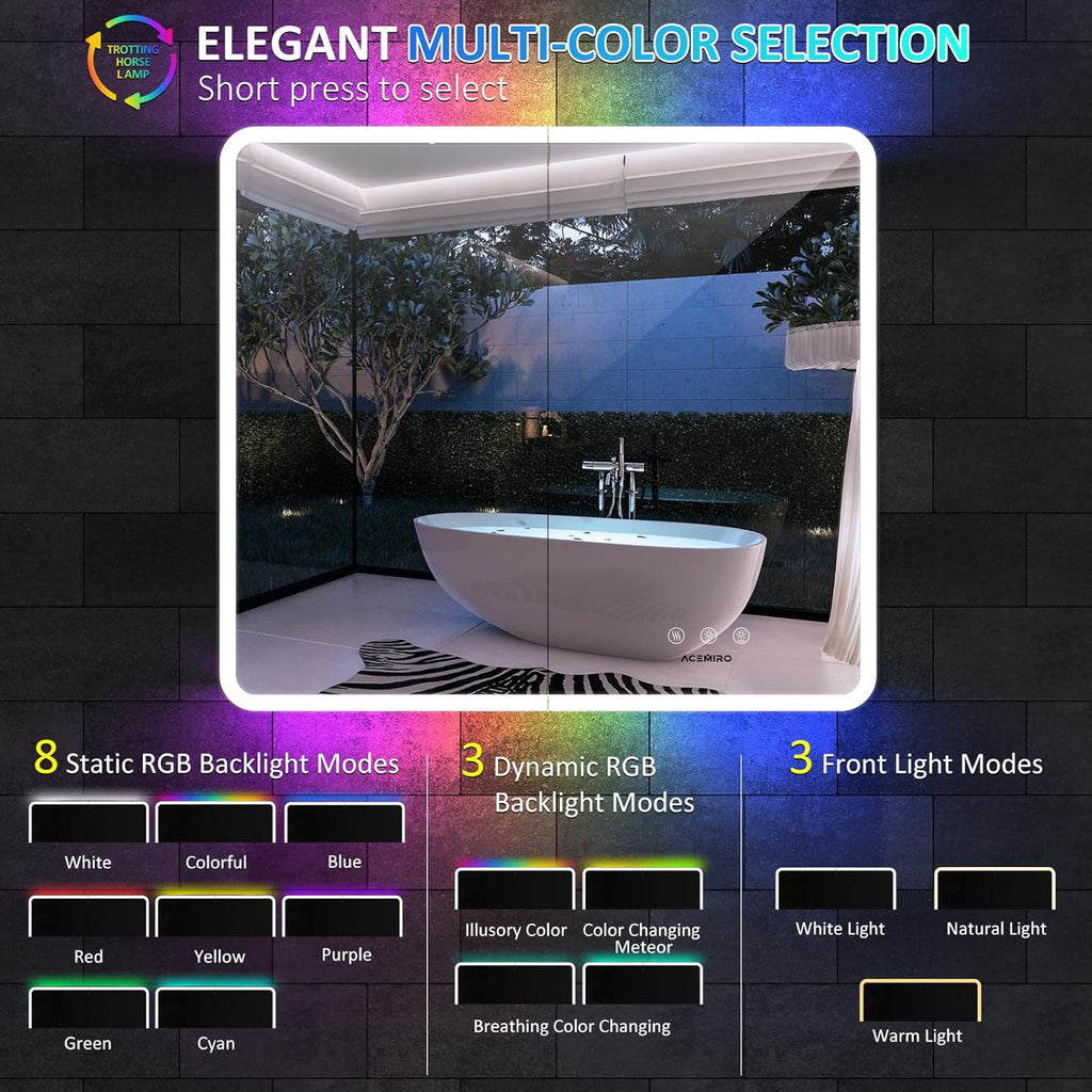 Medicine Cabinet with Lights, 36×32 Inch Bathroom Lighted Medicine Cabinet with Mirror, Defogger, Dimmer, LED Mirror Cabinet with RGB Backlit+3 Color Front Light, Wall Mounted