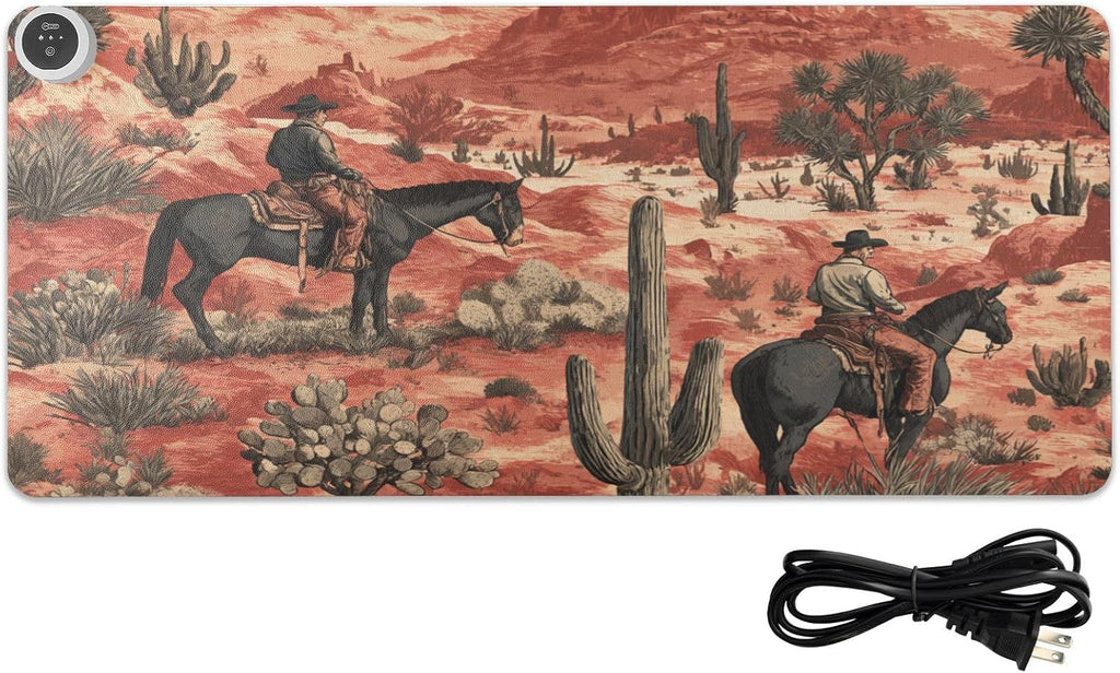 Heated Desk Pad Mouse Pad 31.5x13 Inch PU Leather Desk Mat with 3 Heat Levels Large Mouse Gaming Computer Laptop Mat Cowboys Horses Cactus Desert