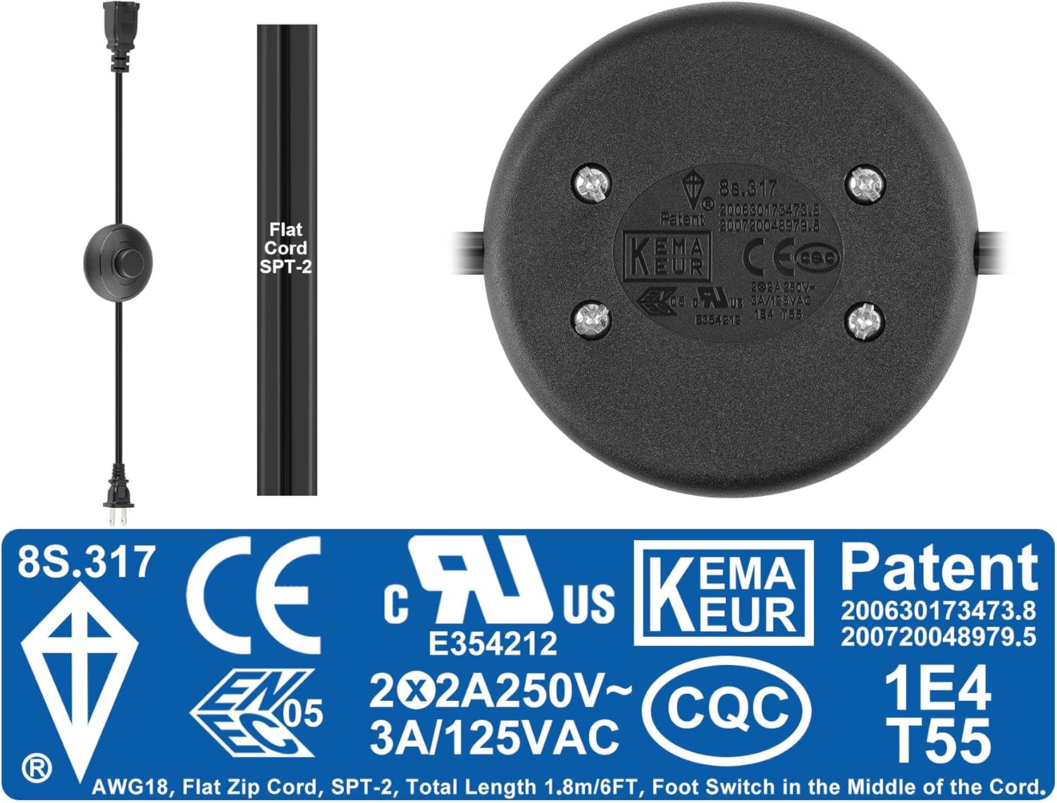 On Off Extension Cord Foot Switch 6ft with 2 Prong Outlet Polarized Plug AWG18 3A 250VAC for Floor Lamp Christmas Tree Light
