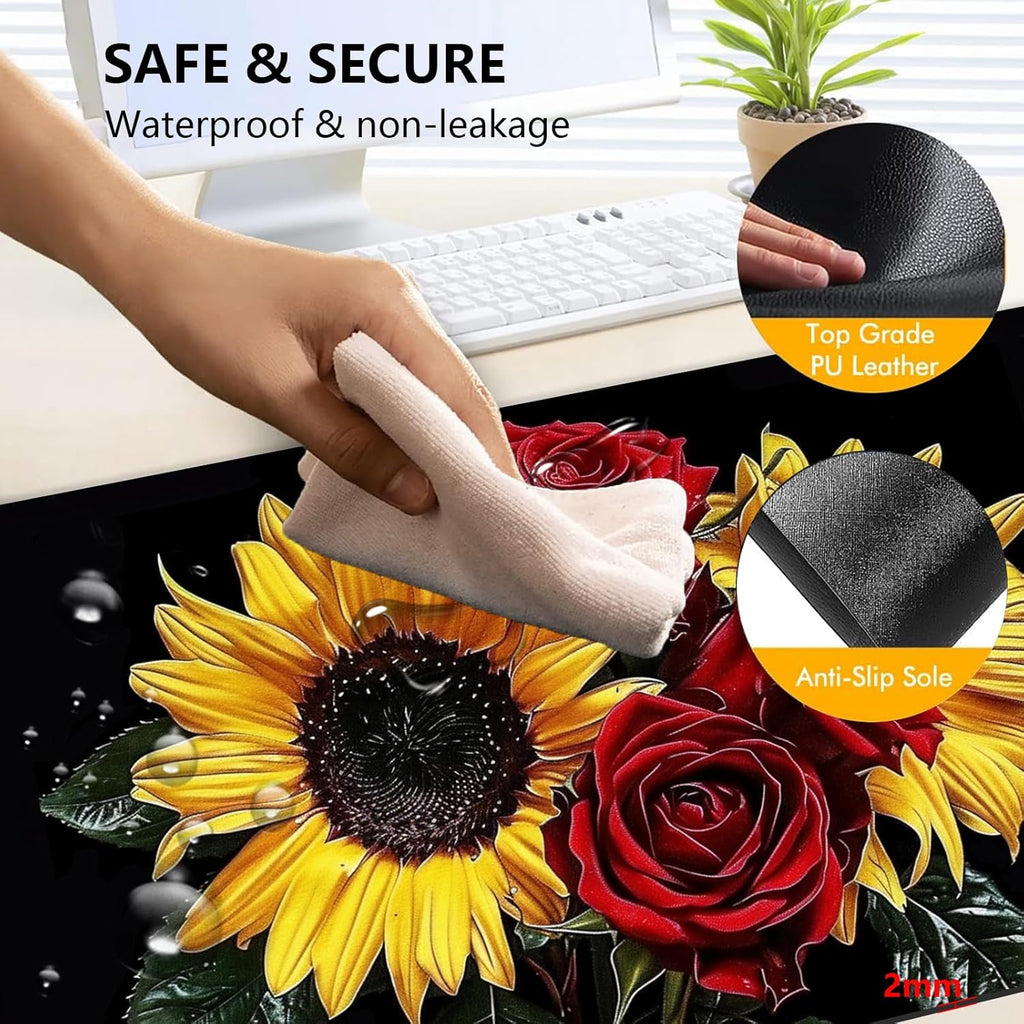 Heated Mouse Pad with 3 Levels Heated & 3 Hours Auto Shut-Off Mouse Pad for Warming Hands in Office Home, 31.5" x 13"Large Safe Desk Mat Hand Warmer，Rose Sunflower